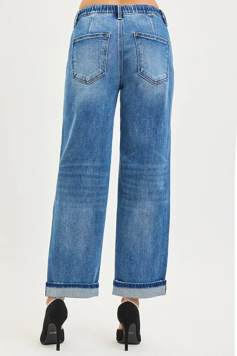 Elastic Band Slouch Ankle Boyfriend Cuffed Hem Jeans