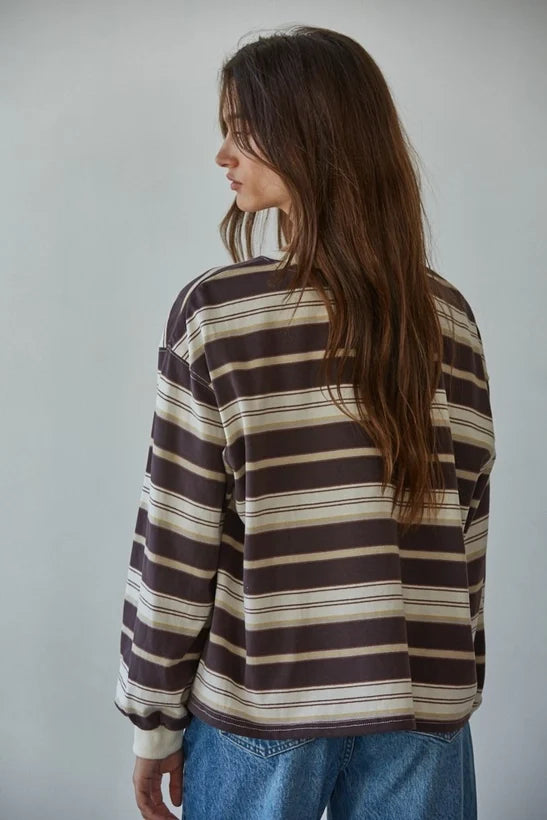 Knit Cotton Multi Striped Crew Neck Long Sleeve Top