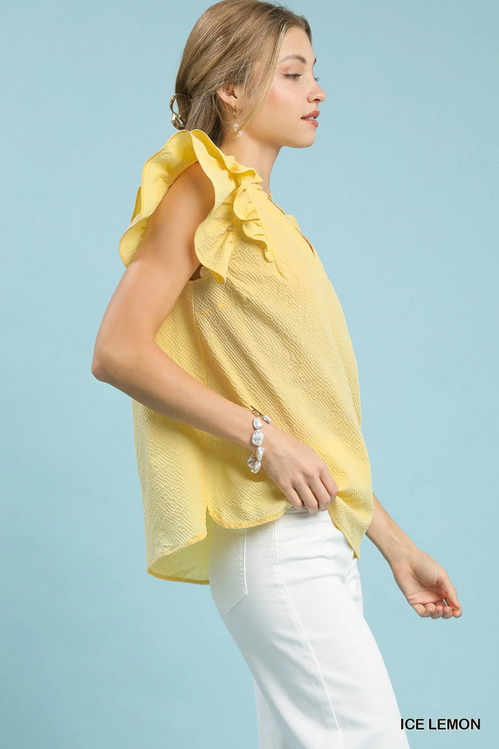 Umgee Textured Ruffle Sleeve V-Neck Blouse