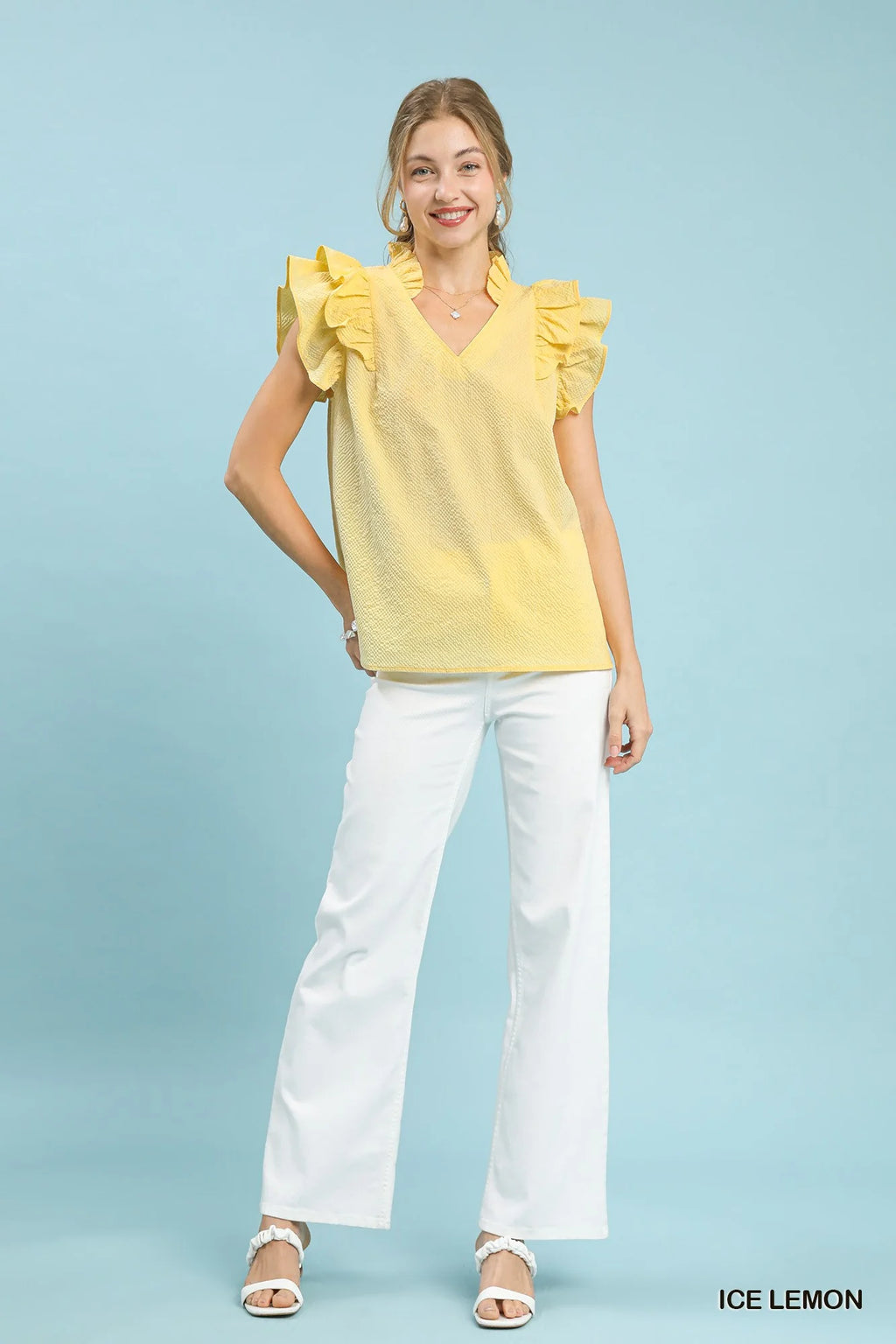 Umgee Textured Ruffle Sleeve V-Neck Blouse
