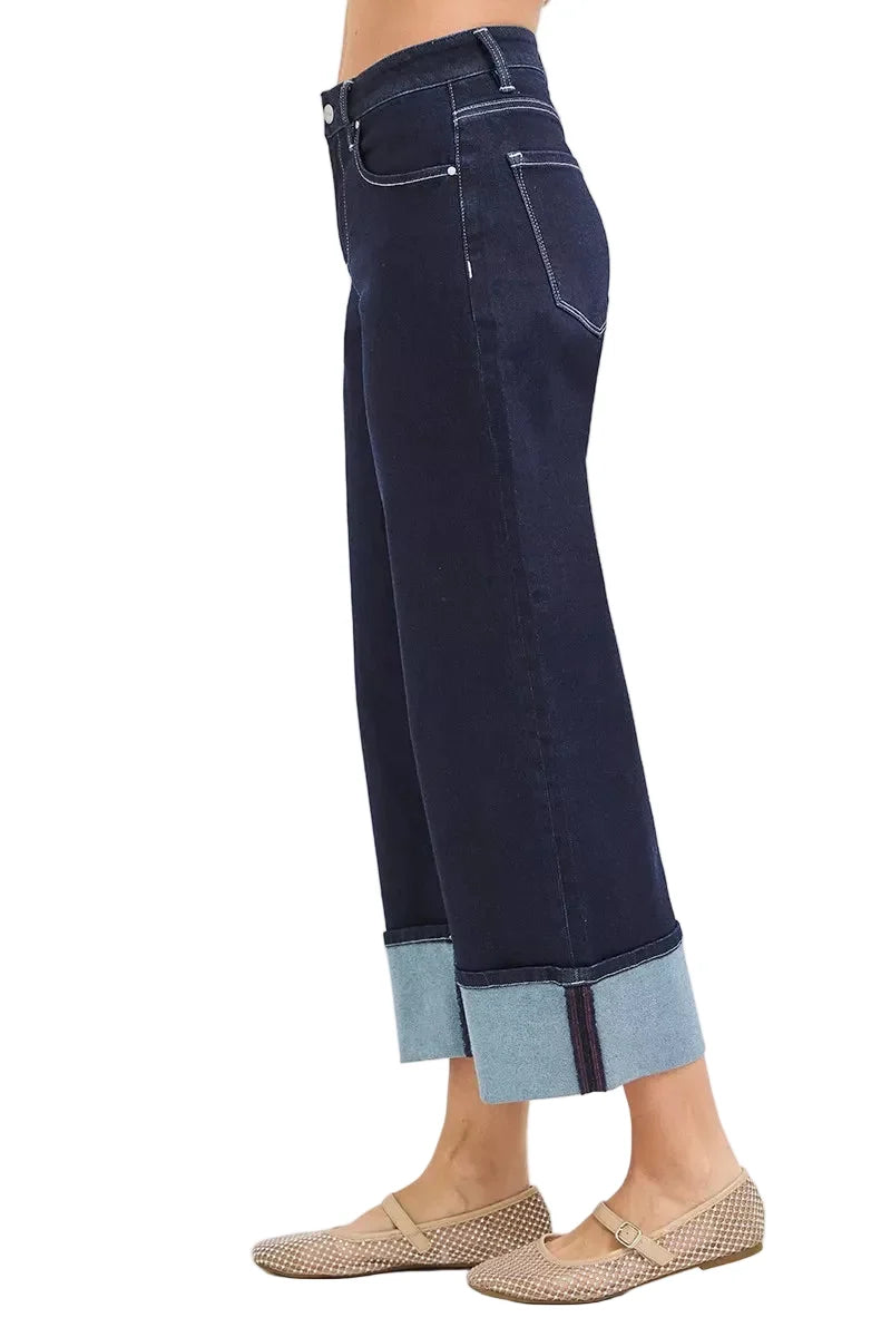 RISEN Slouchy Crop Barrel Cuffed Hem Dark Blue Jeans