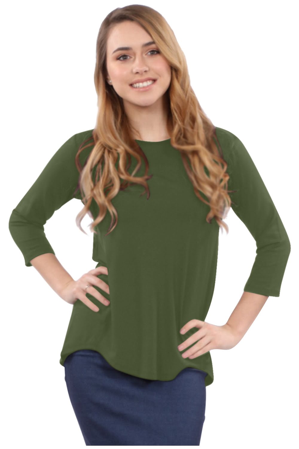 3/4 Sleeve Curved Hem Tunic Top - Breathable Viscose Spandex