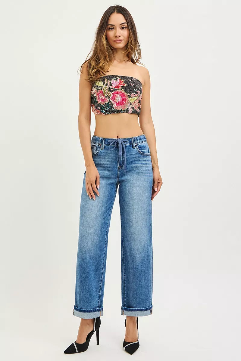 Elastic Band Slouch Ankle Boyfriend Cuffed Hem Jeans