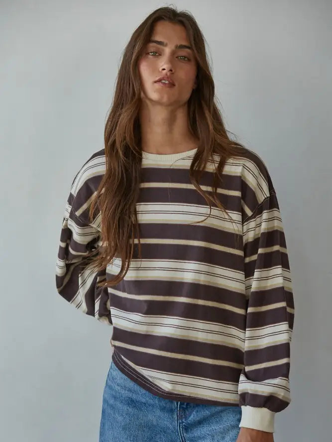 Knit Cotton Multi Striped Crew Neck Long Sleeve Top
