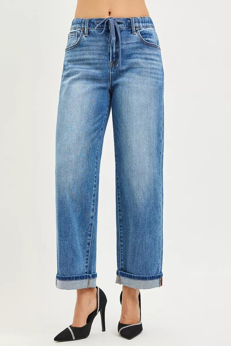 Elastic Band Slouch Ankle Boyfriend Cuffed Hem Jeans