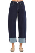 RISEN Slouchy Crop Barrel Cuffed Hem Dark Blue Jeans