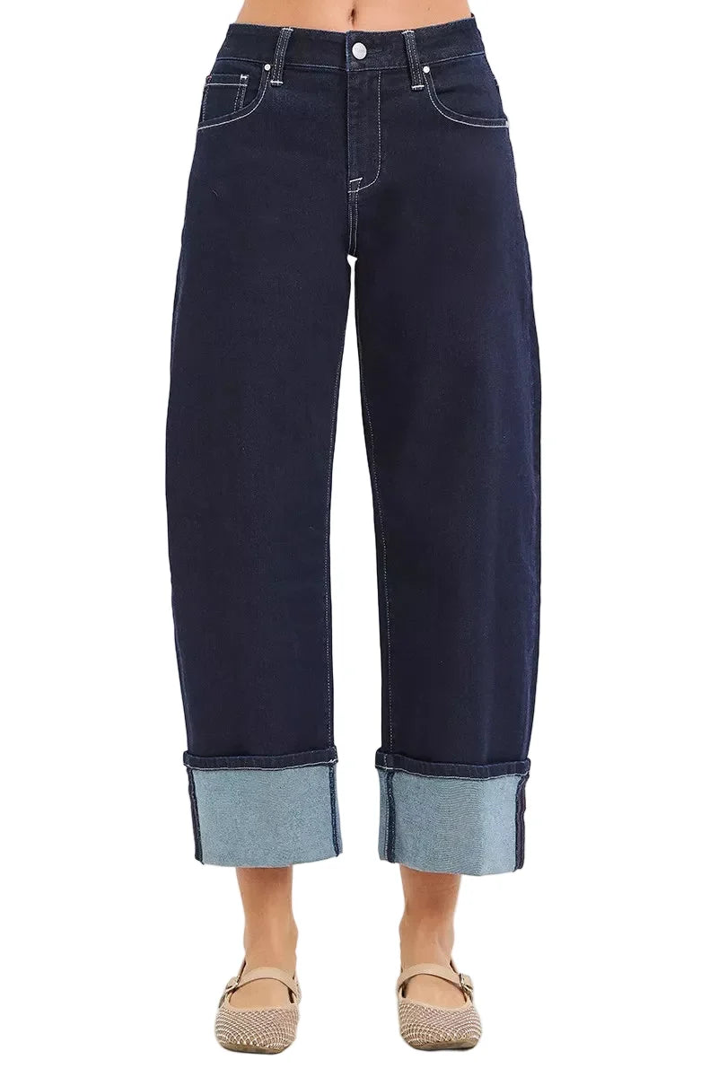 RISEN Slouchy Crop Barrel Cuffed Hem Dark Blue Jeans
