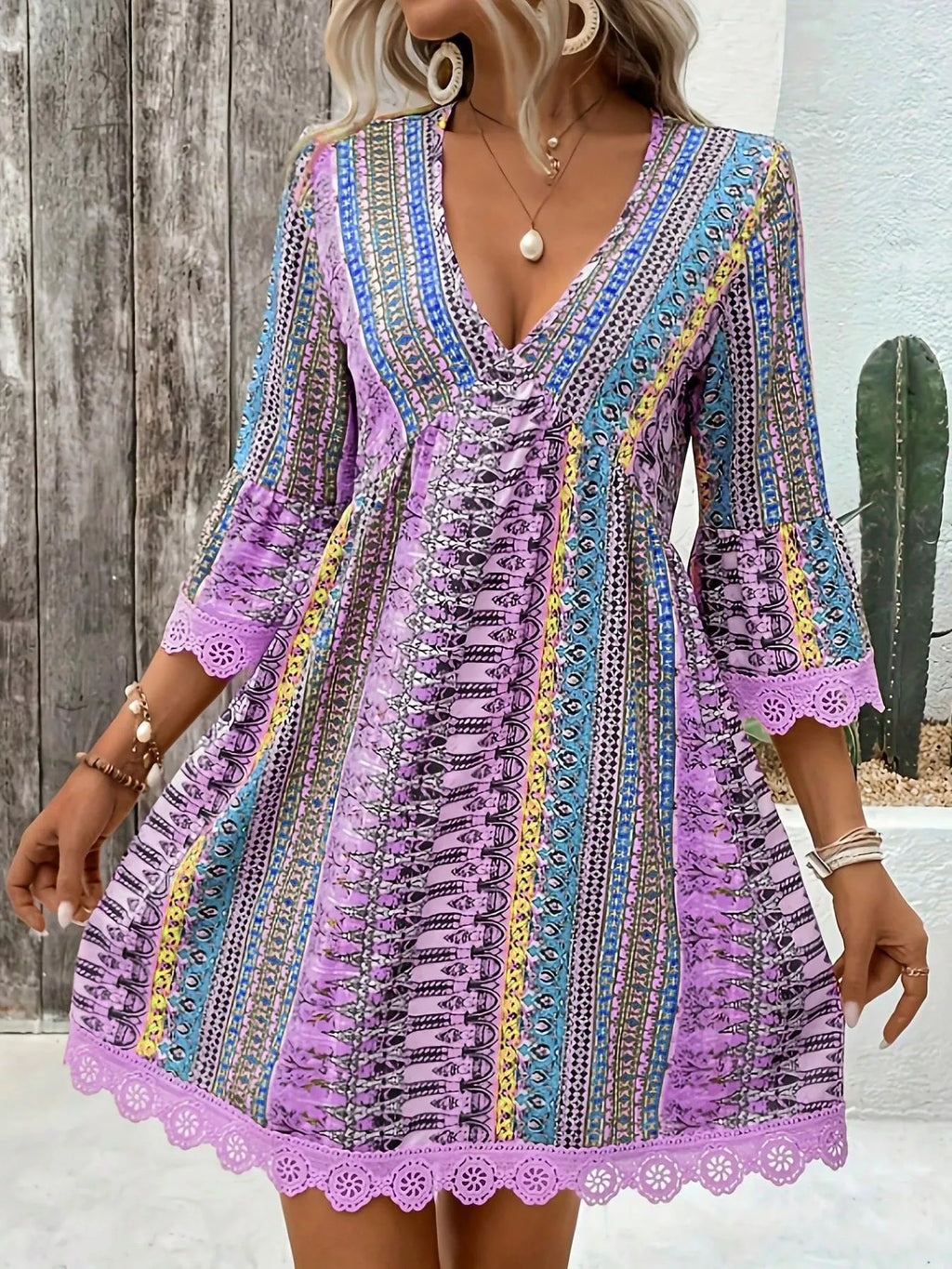 Printed V-Neck A-Line Dress