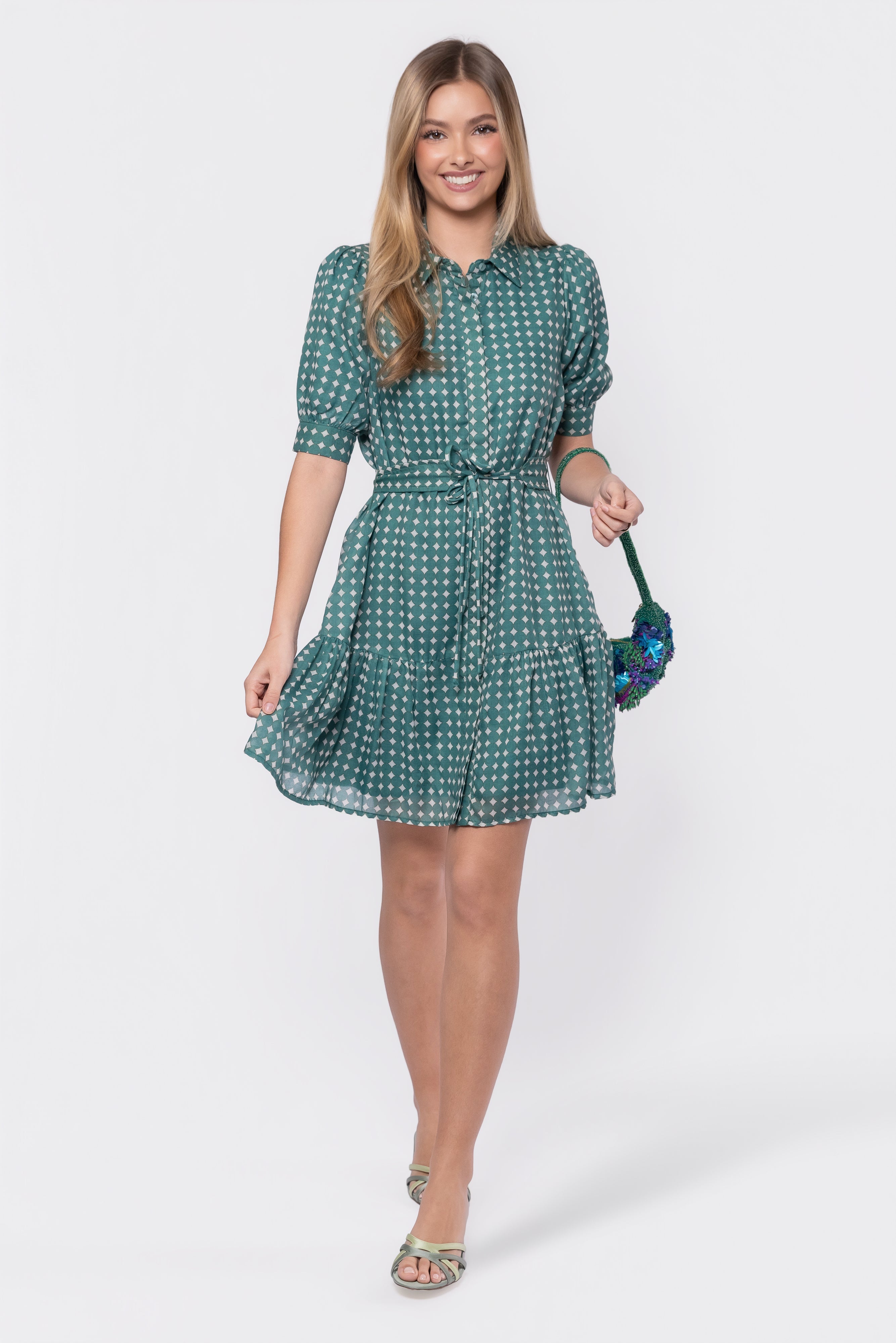 Elisa Dress 36" (White/Green)