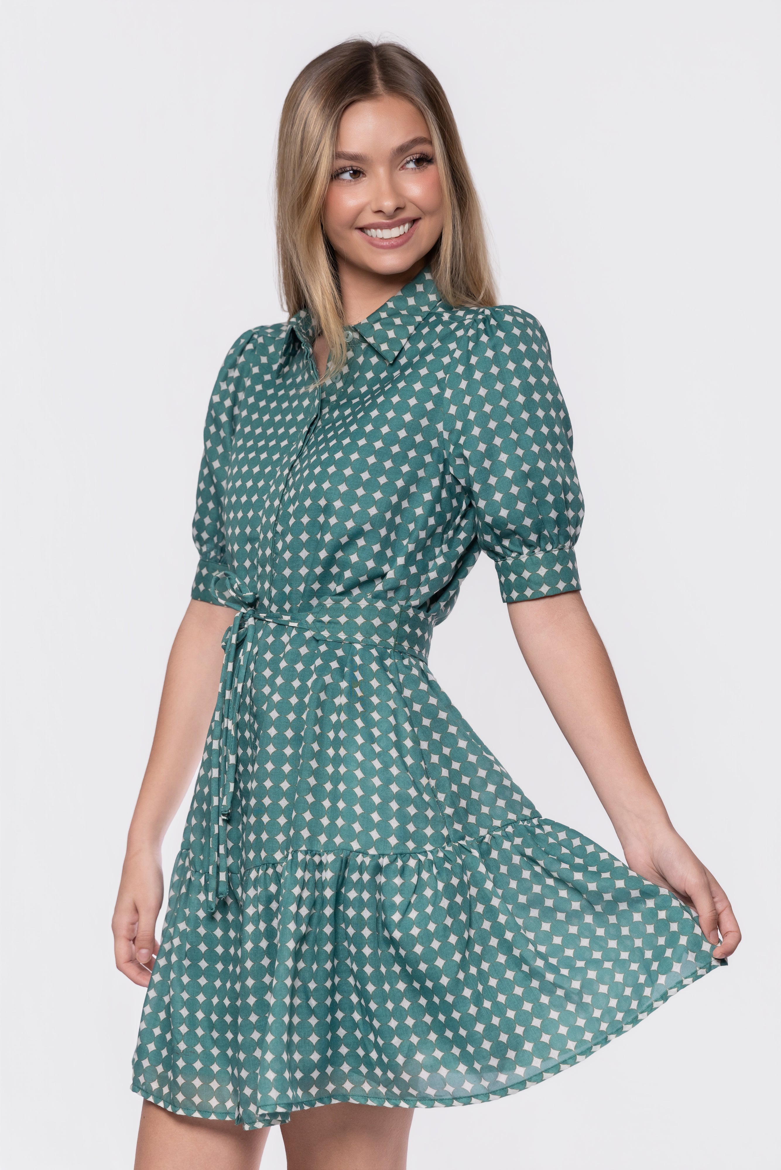 Elisa Dress 36" (White/Green)