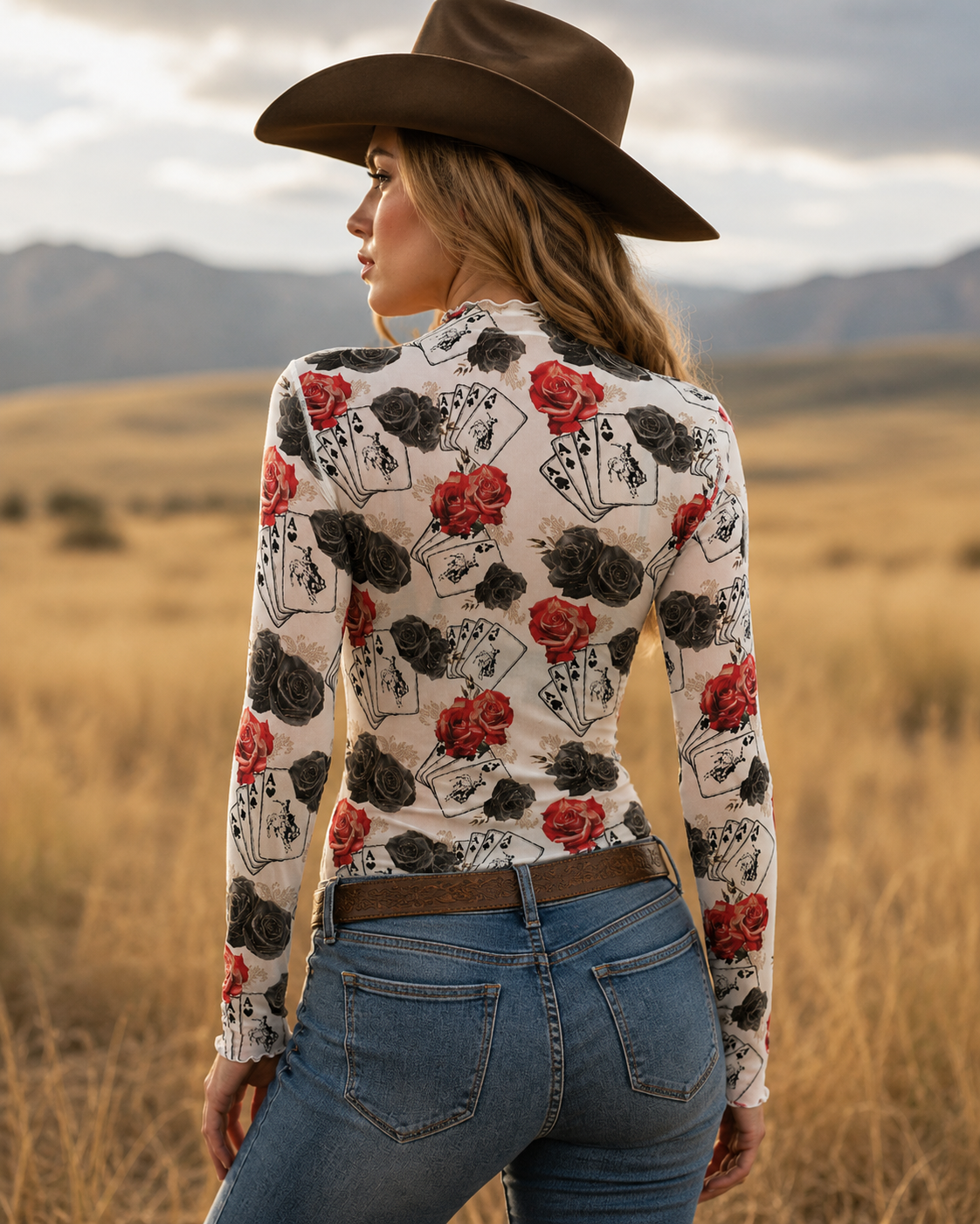 Ace Of Roses Long Sleeve Mesh Top