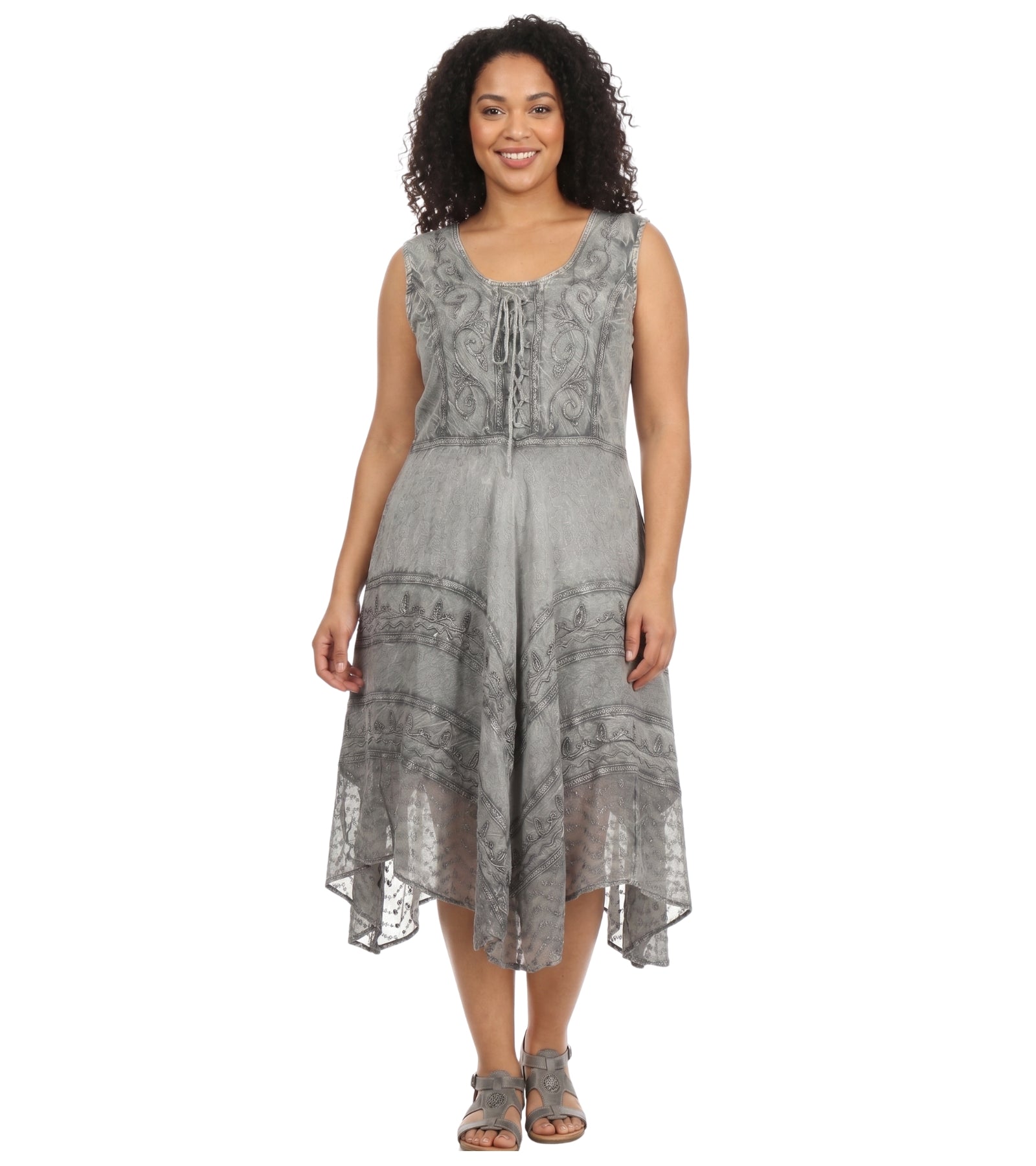 Sakkas Sundara Stonewashed Rayon Embroidered Mid Length Dress