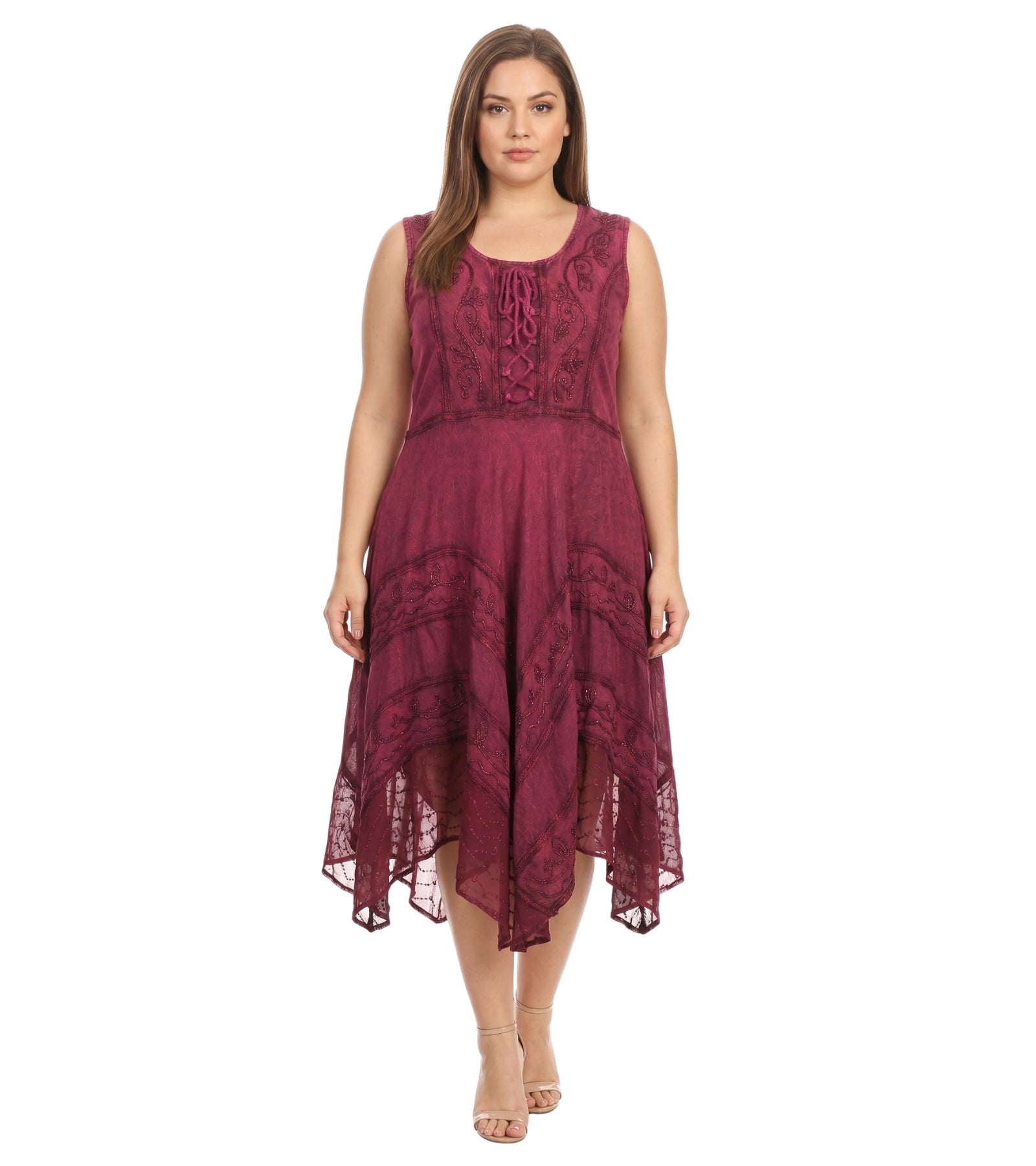 Sakkas Sundara Stonewashed Rayon Embroidered Mid Length Dress
