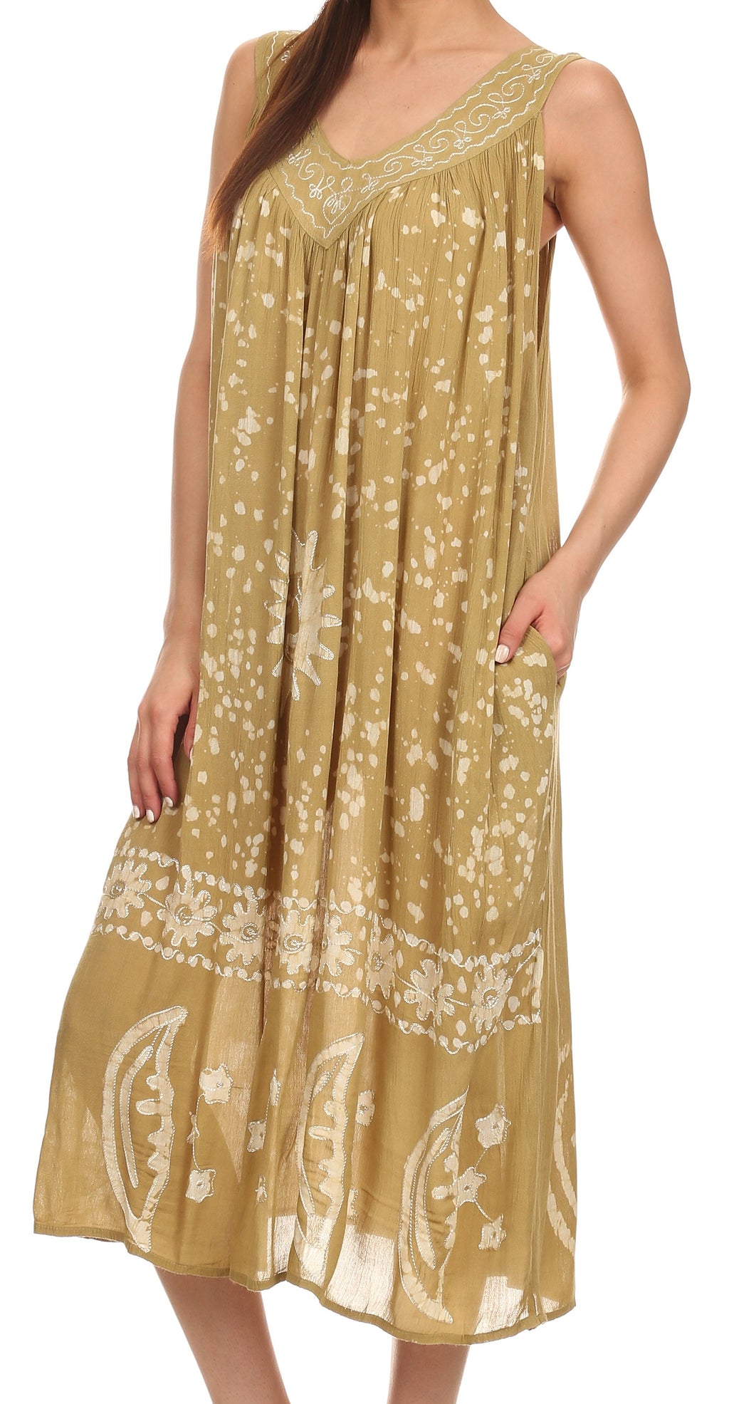Sakkas Jaelyn Embroidered Tank Top Split Neck Broomstick Dress / Cover Up