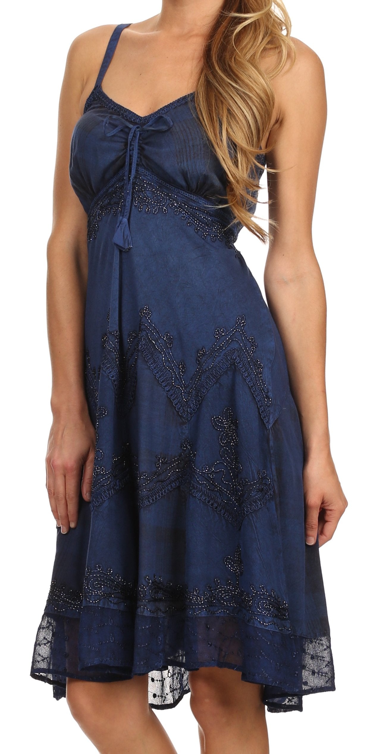 Sakkas Lacey Stonewashed Embroidered Silver Threaded Spaghetti Strap Dress