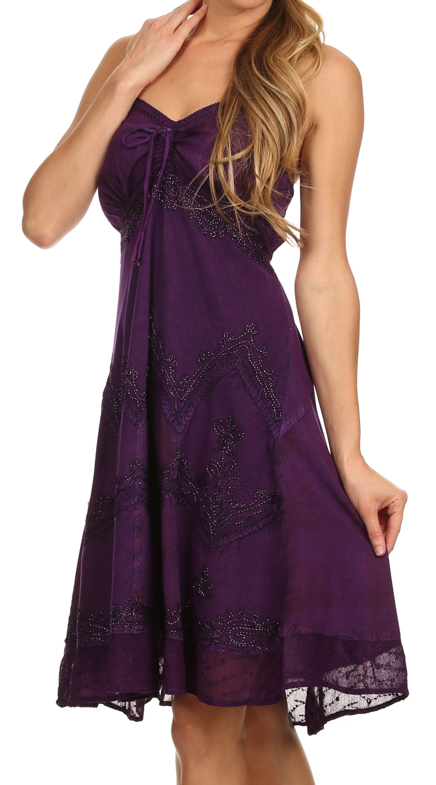 Sakkas Lacey Stonewashed Embroidered Silver Threaded Spaghetti Strap Dress