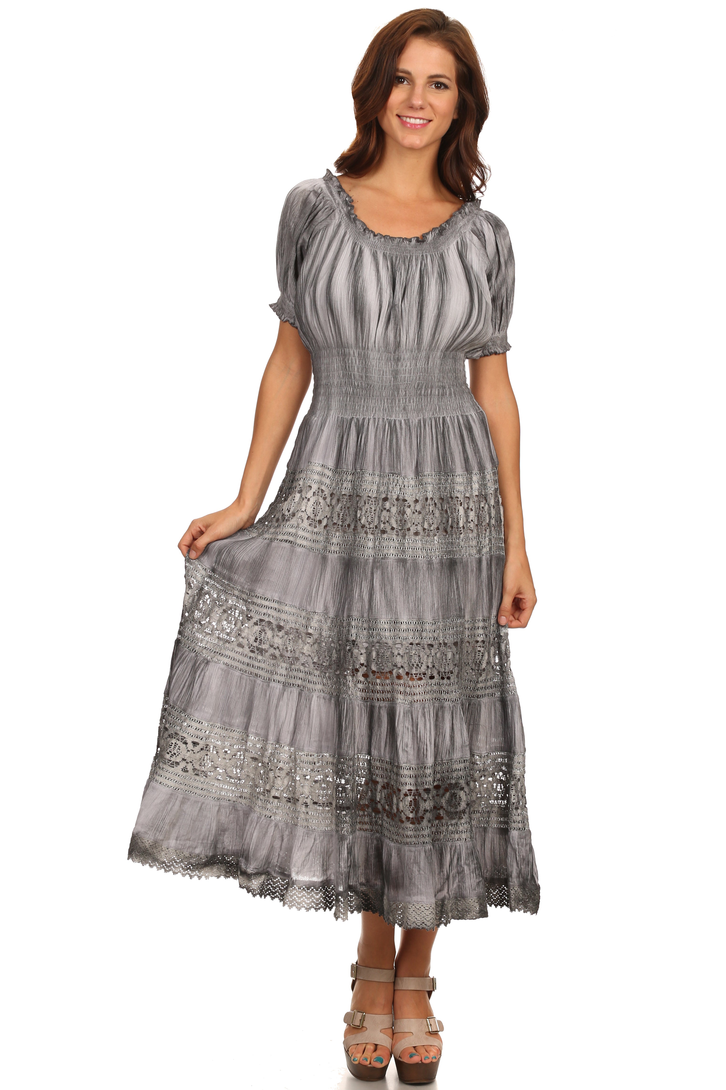Sakkas Laney Tie Dye Lace Smocked Empire Waist Long Picot Hem Dress