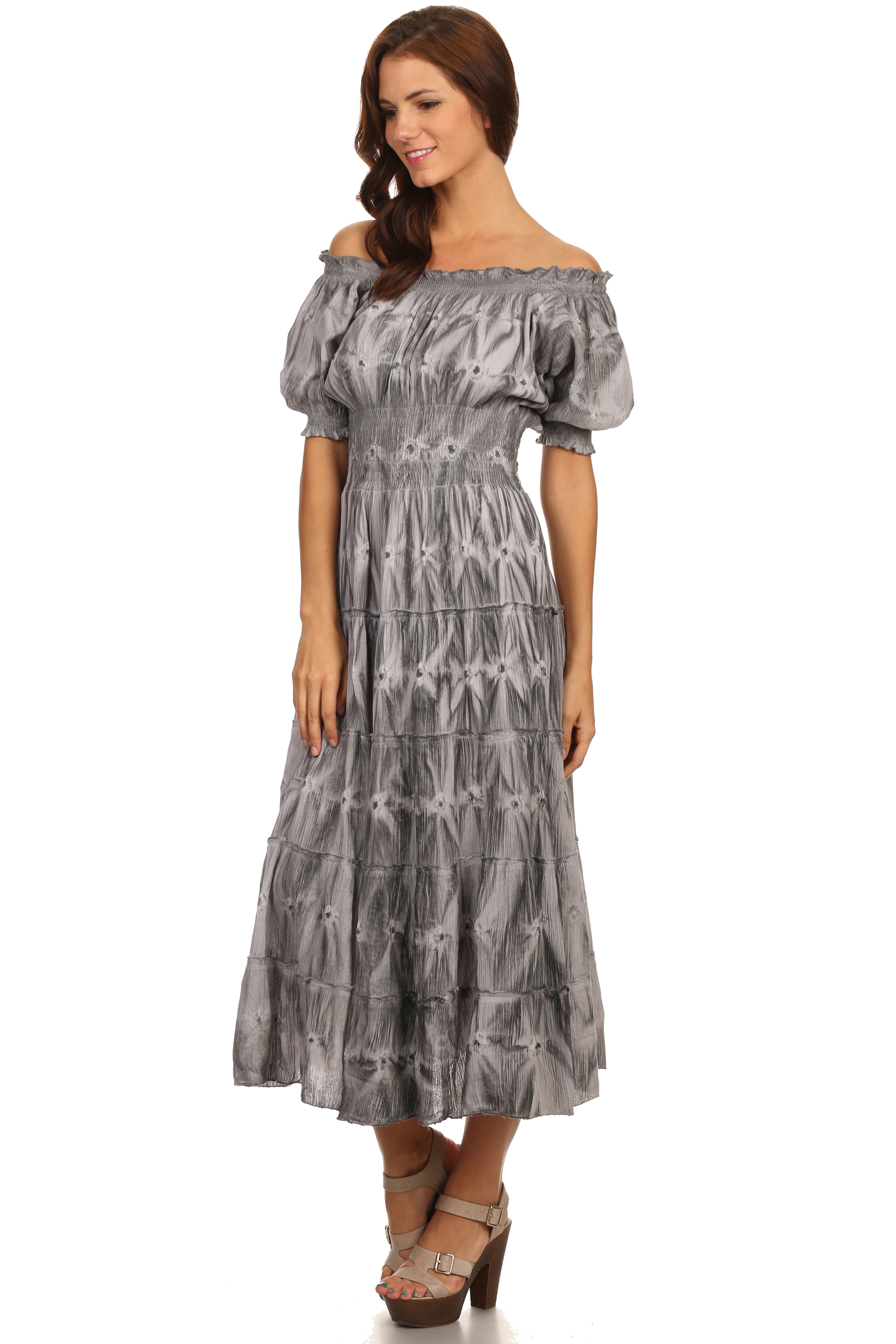 Sakkas Melissa Two Tone Dyed Tiered Smocked Waist Long Dress With Short Sleeves