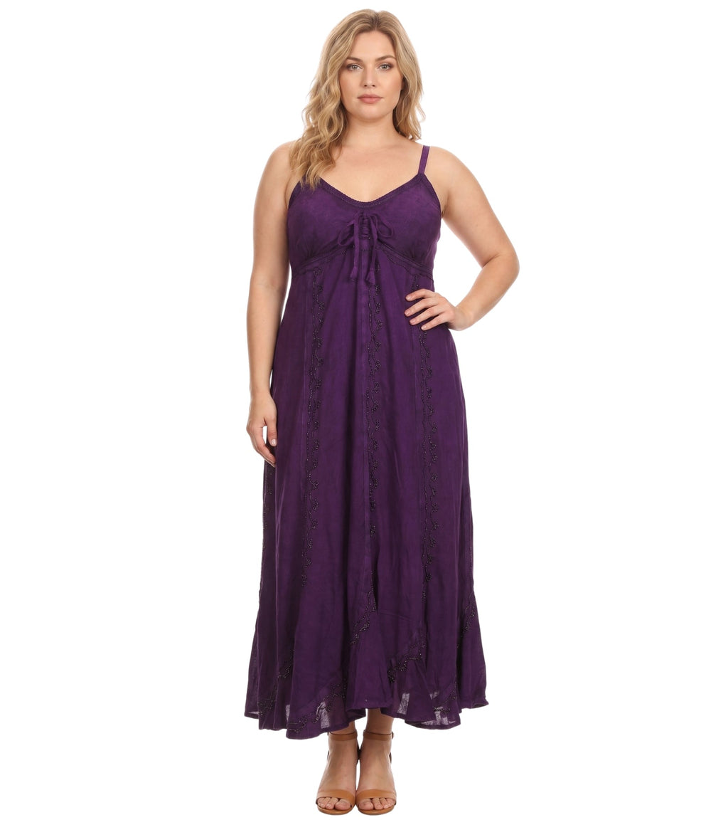 Sakkas Allie Stonewashed Embroidered Adjustable Spaghetti Straps Long Dress