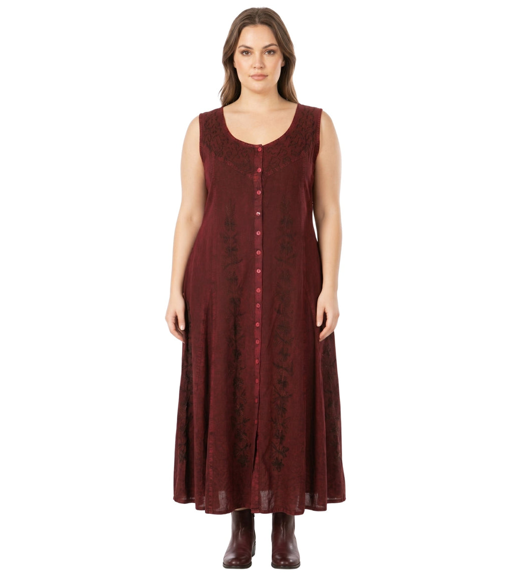 Sakkas Maya Floral Embroidered Sleeveless Button Up Rayon Dress