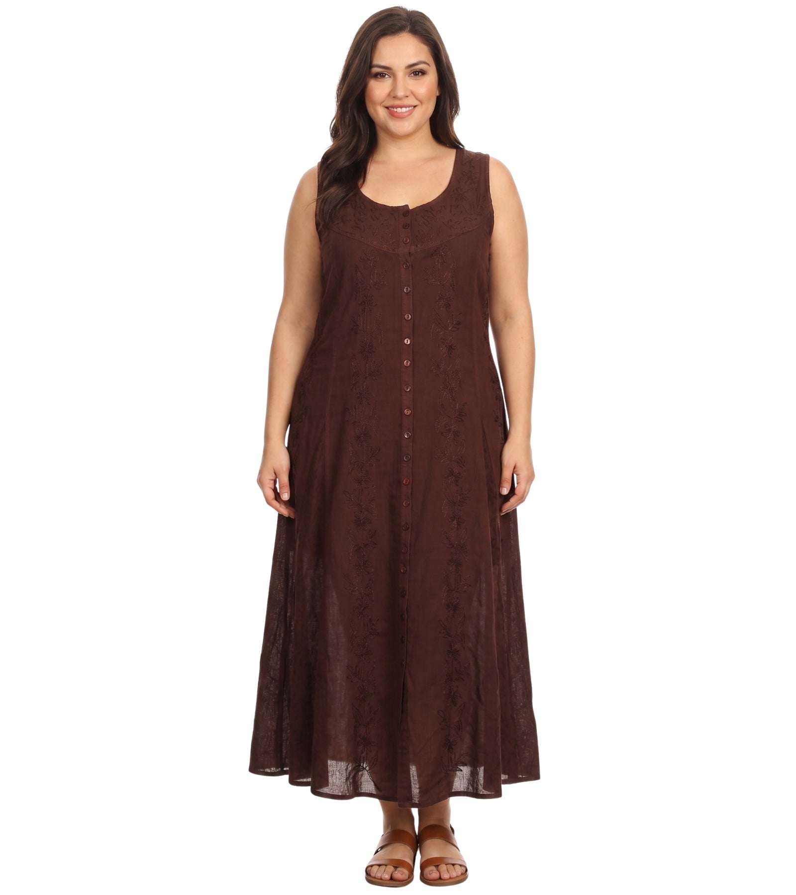 Sakkas Maya Floral Embroidered Sleeveless Button Up Rayon Dress