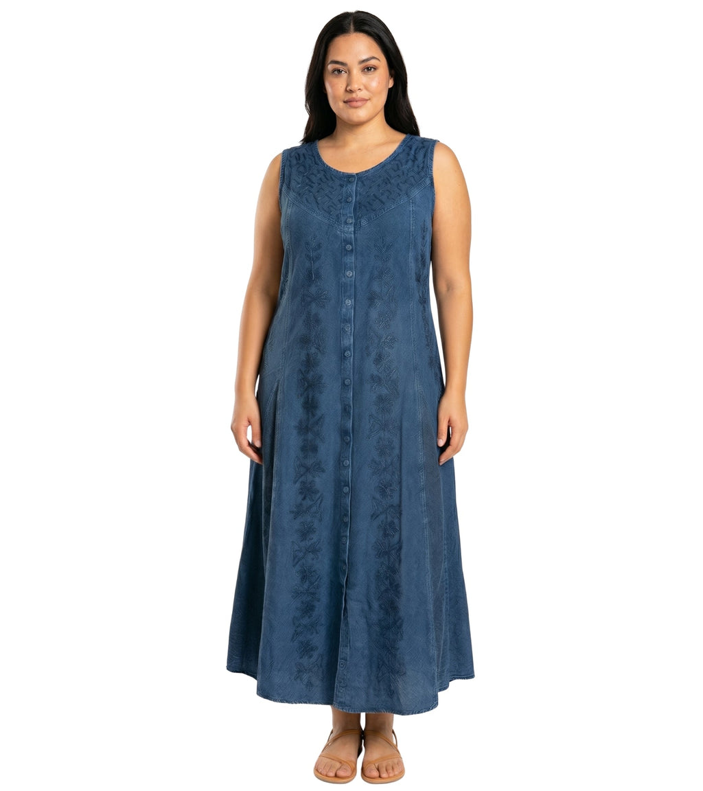 Sakkas Maya Floral Embroidered Sleeveless Button Up Rayon Dress