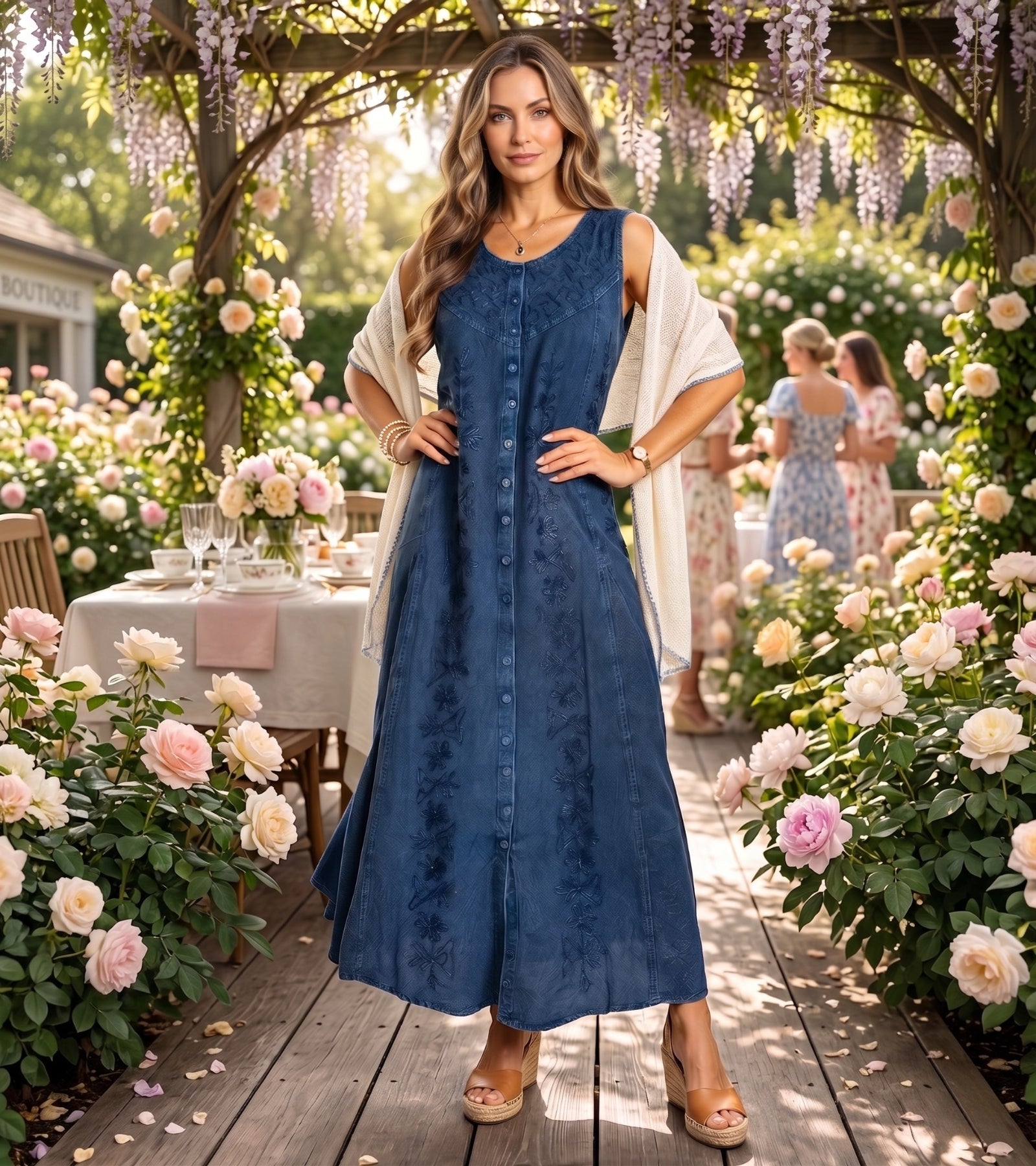 Sakkas Maya Floral Embroidered Sleeveless Button Up Rayon Dress