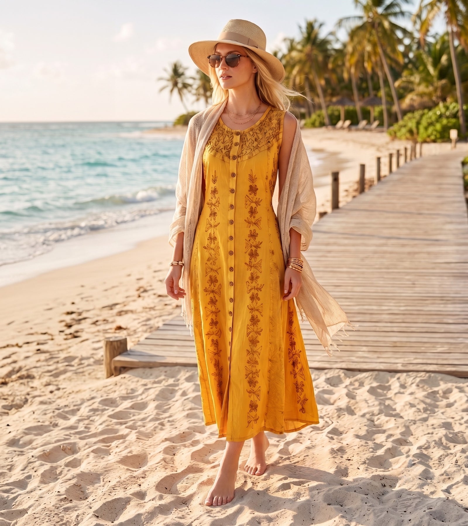 Sakkas Maya Floral Embroidered Sleeveless Button Up Rayon Dress