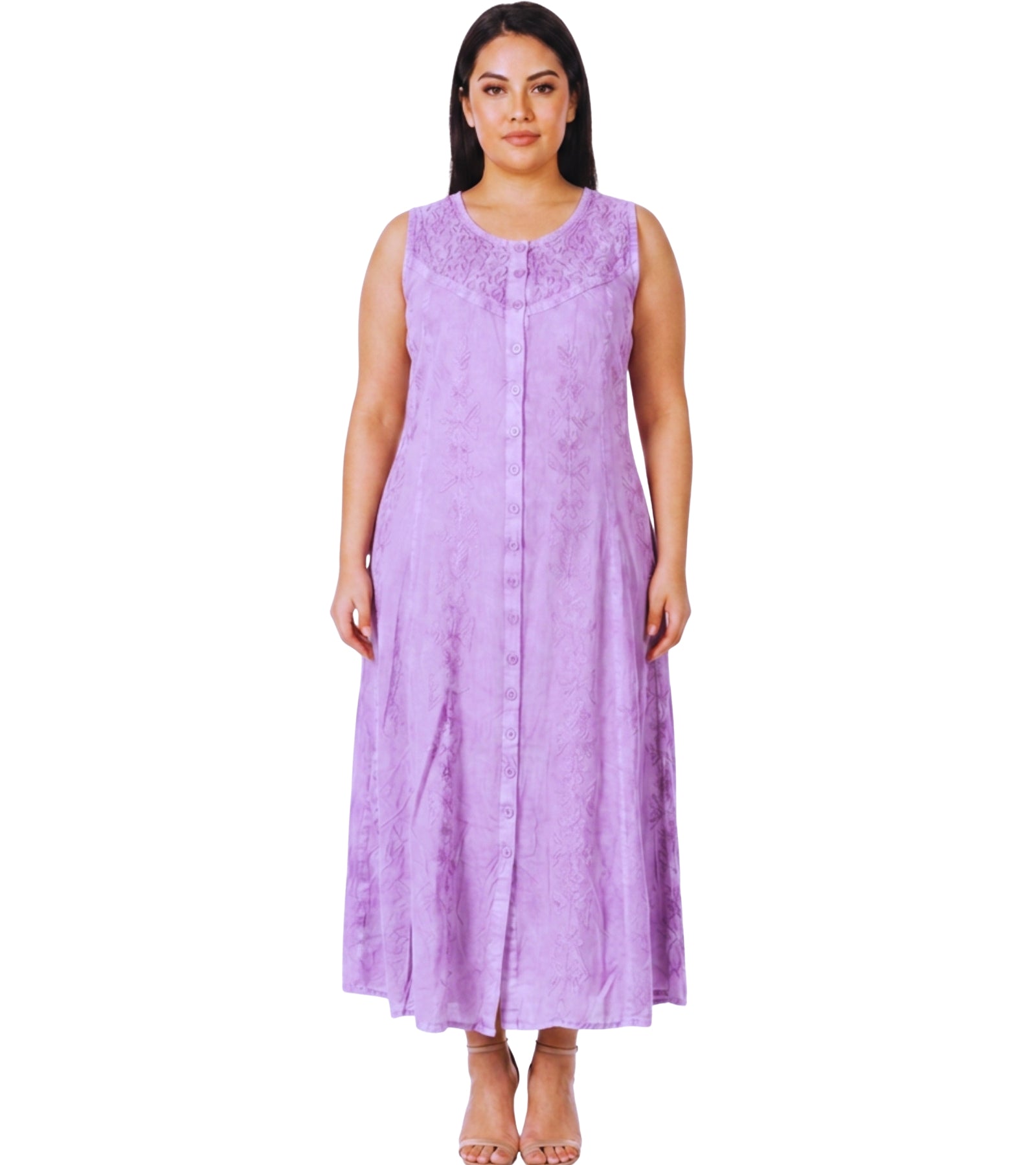 Sakkas Maya Floral Embroidered Sleeveless Button Up Rayon Dress