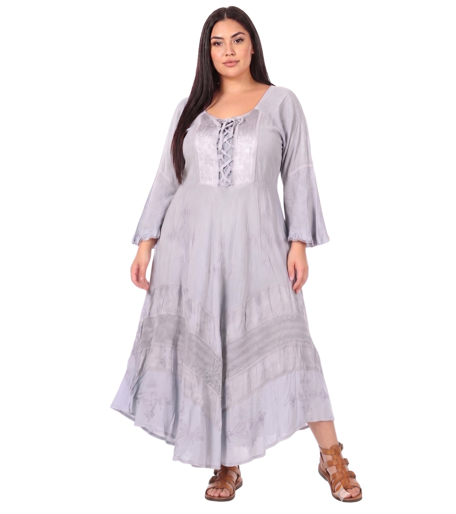 Sakkas Mirabel Stonewashed Corset Style Floral Emboridery Kimono Sleeve Dress