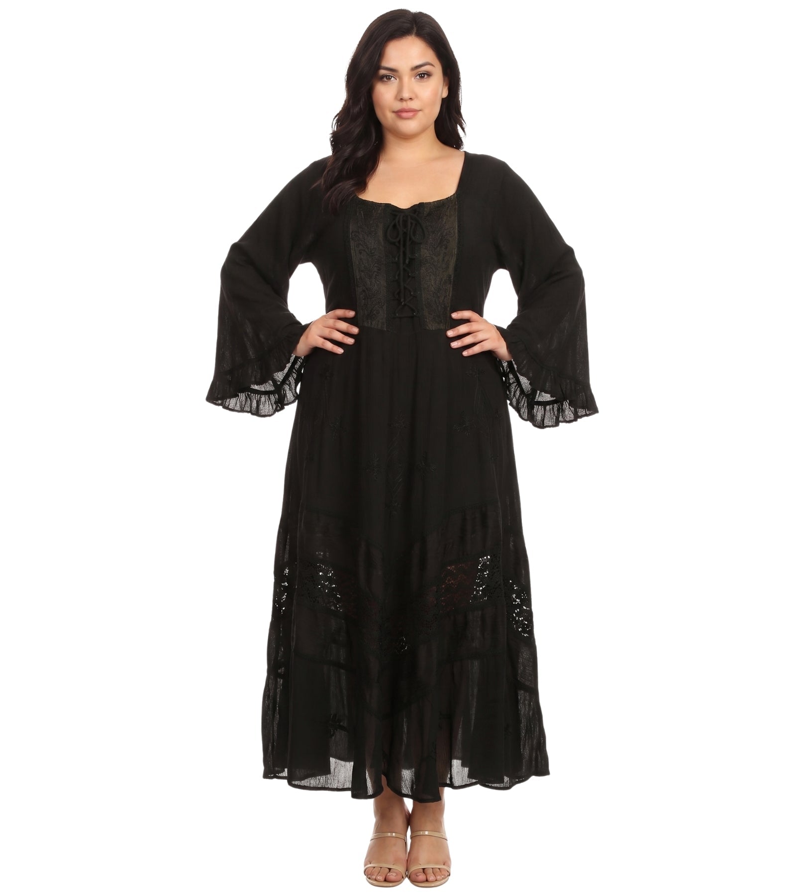 Sakkas Mirabel Stonewashed Corset Style Floral Emboridery Kimono Sleeve Dress