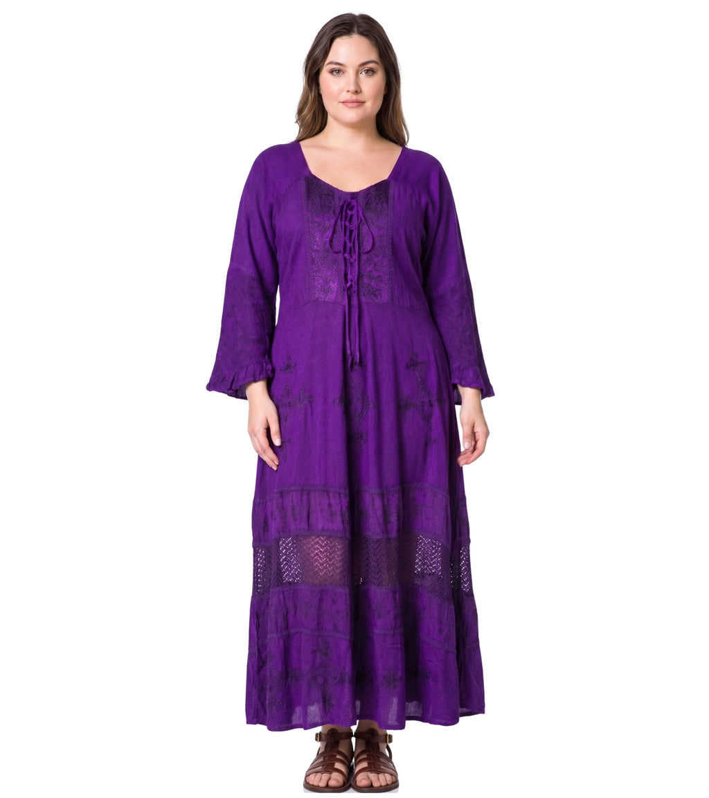 Sakkas Mirabel Stonewashed Corset Style Floral Emboridery Kimono Sleeve Dress