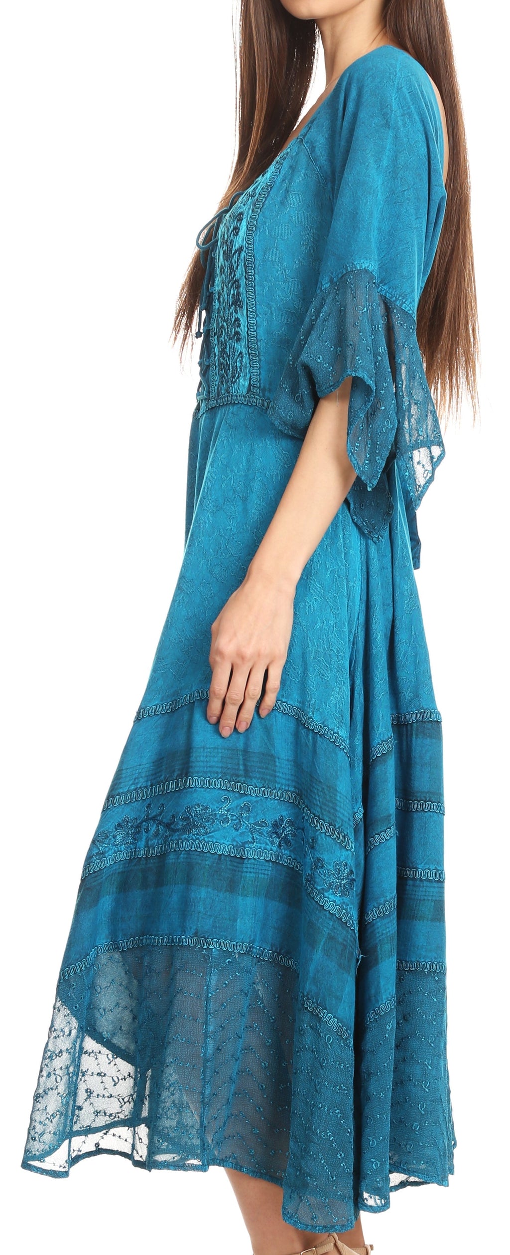 Sakkas Bexley Scoop Neck Bell Sleeve Bohemian Gypsy Embroidered Corset Dress