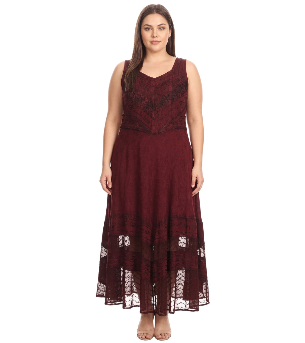 Sakkas Zendaya Stonewashed Rayon Embroidered Floral Vine Sleeveless V-neck Dress