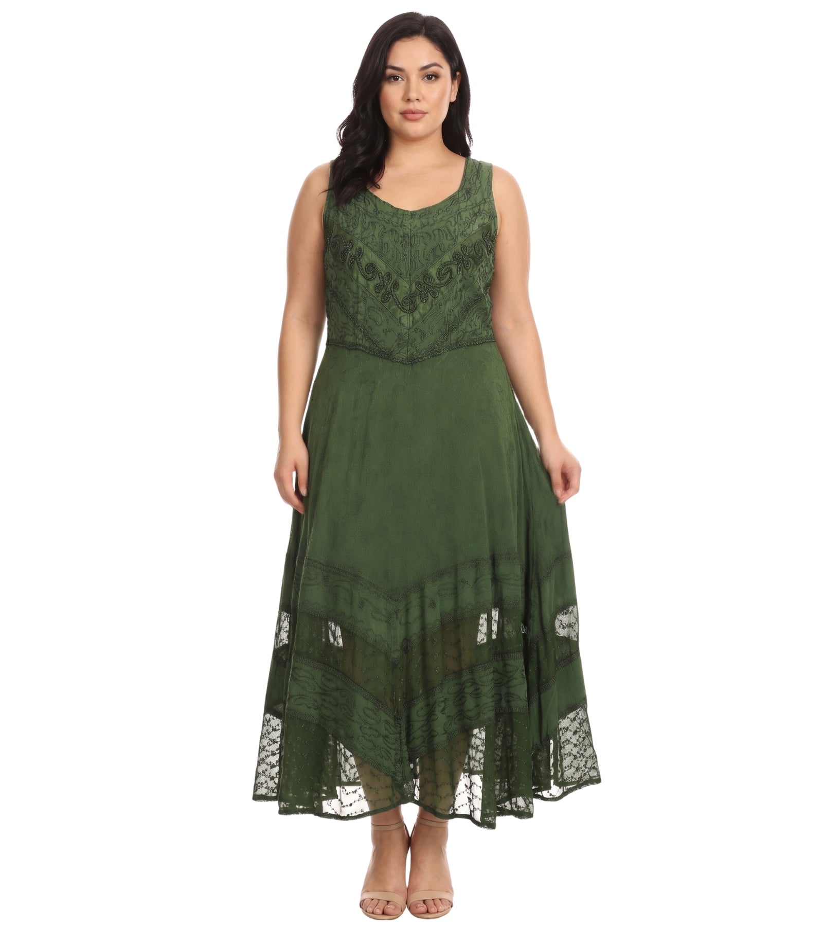 Sakkas Zendaya Stonewashed Rayon Embroidered Floral Vine Sleeveless V-neck Dress