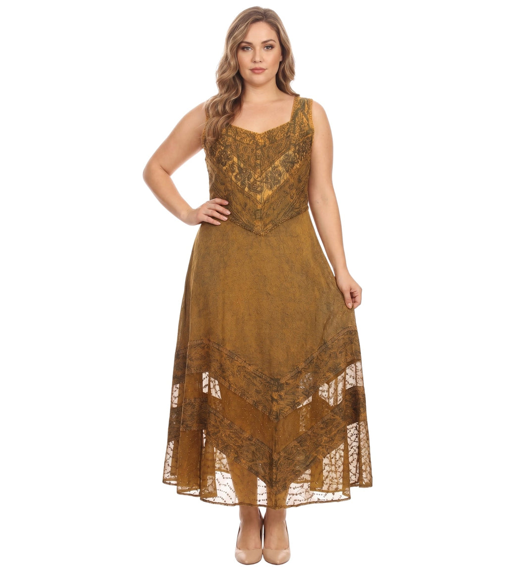 Sakkas Zendaya Stonewashed Rayon Embroidered Floral Vine Sleeveless V-neck Dress