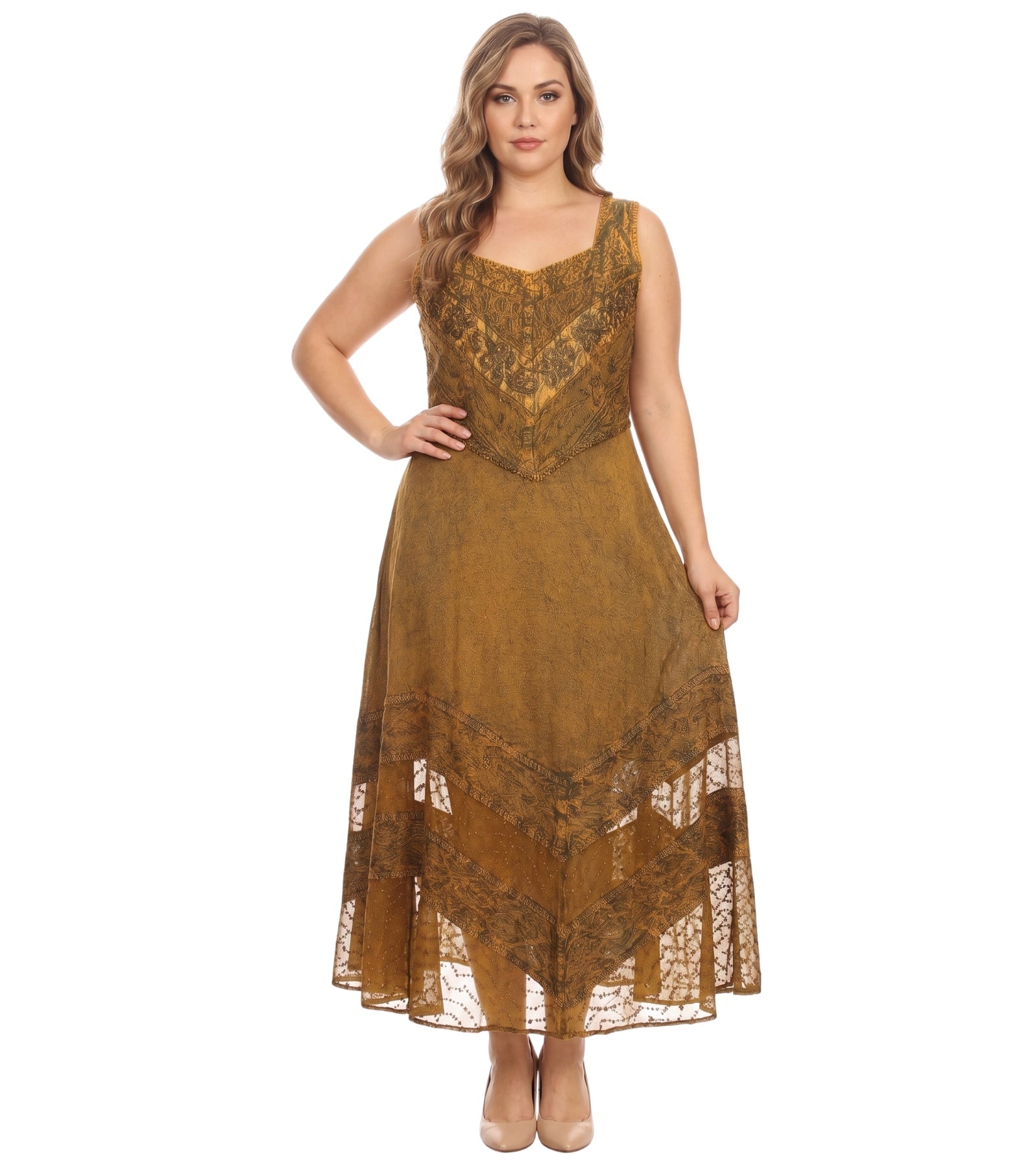 Sakkas Zendaya Stonewashed Rayon Embroidered Floral Vine Sleeveless V-neck Dress
