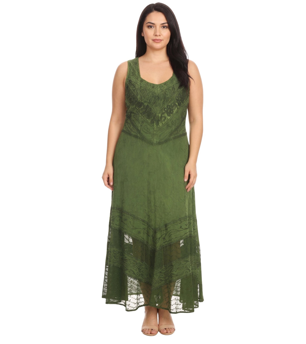 Sakkas Zendaya Stonewashed Rayon Embroidered Floral Vine Sleeveless V-neck Dress