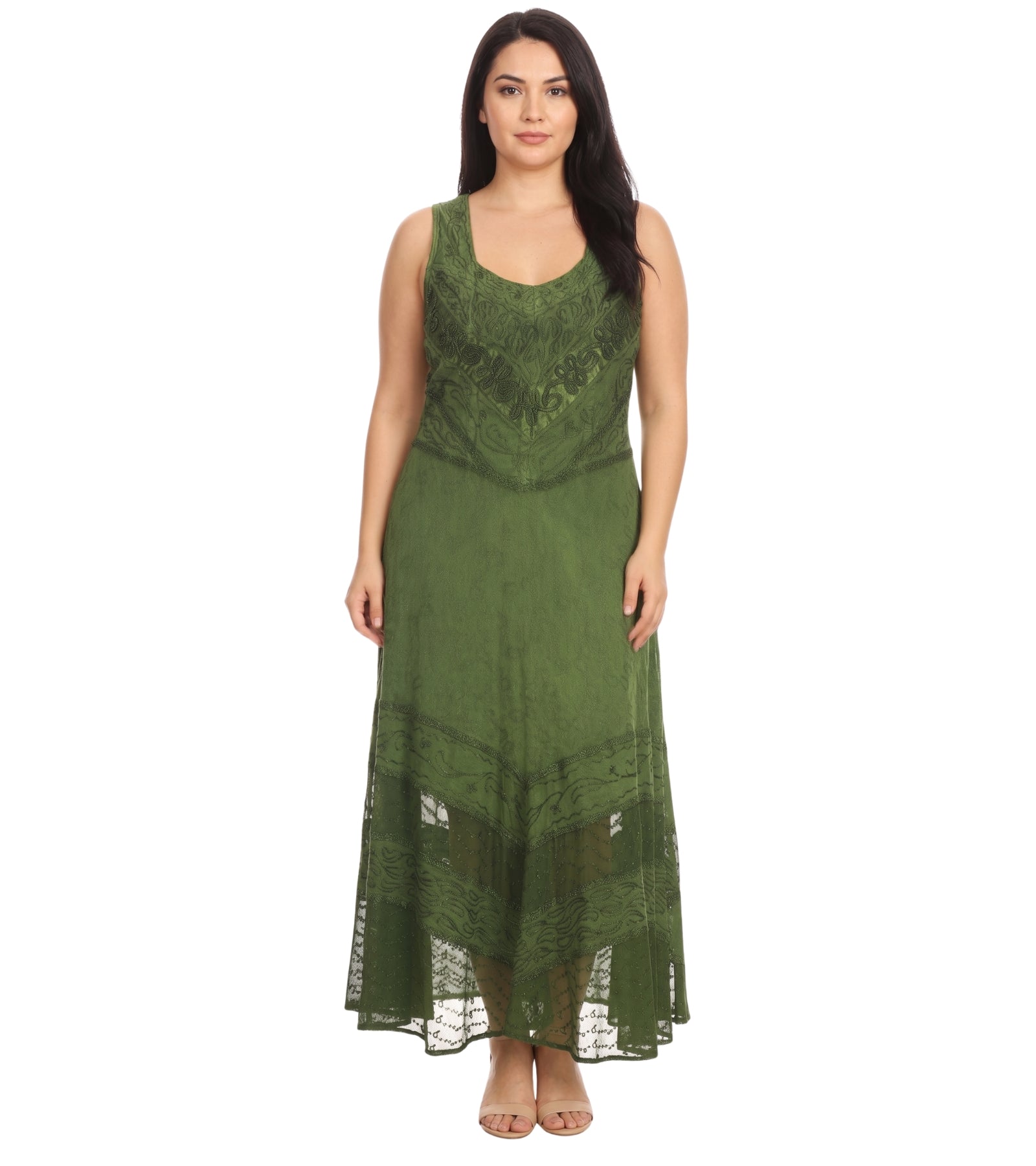 Sakkas Zendaya Stonewashed Rayon Embroidered Floral Vine Sleeveless V-neck Dress