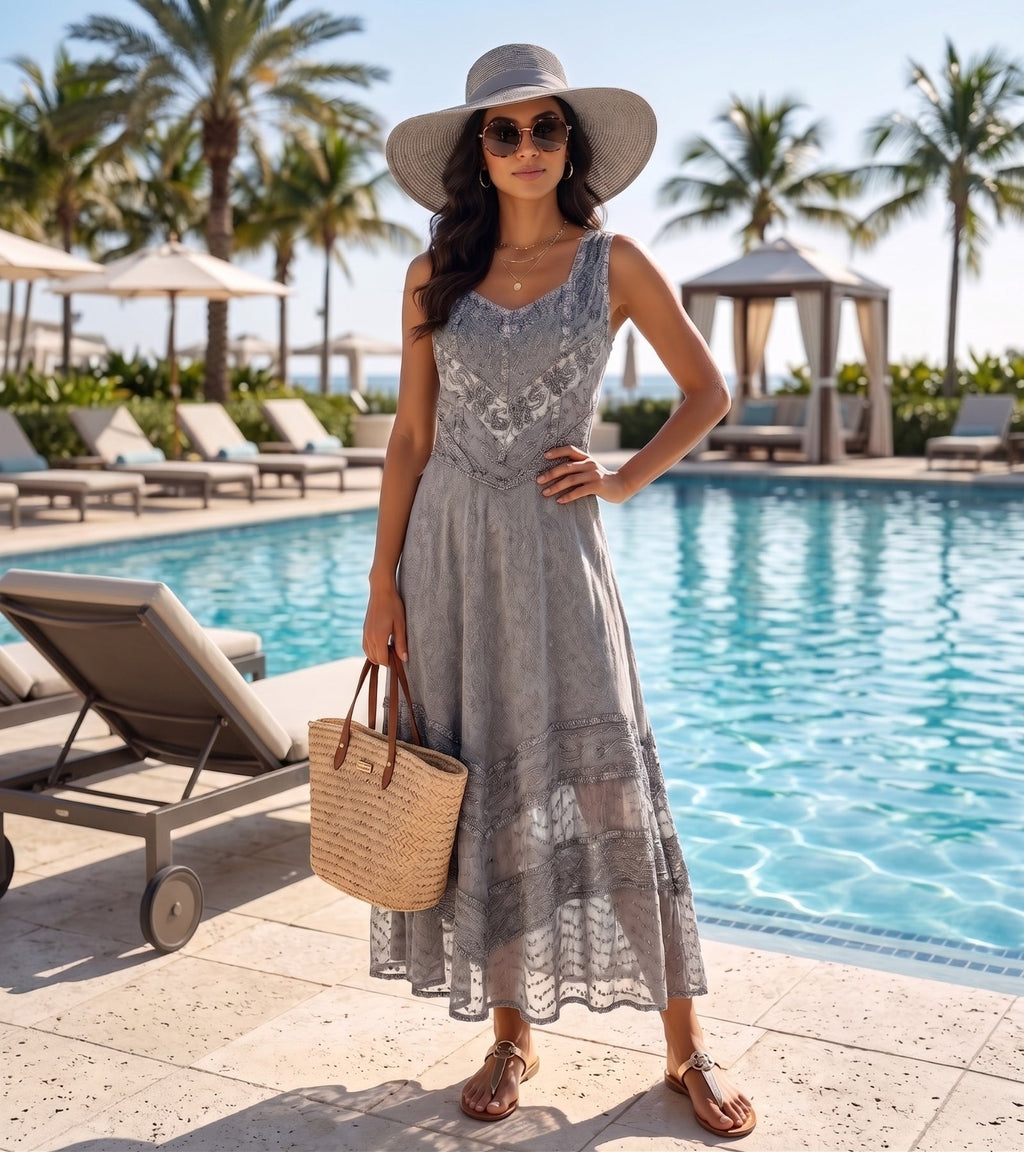 Sakkas Zendaya Stonewashed Rayon Embroidered Floral Vine Sleeveless V-neck Dress