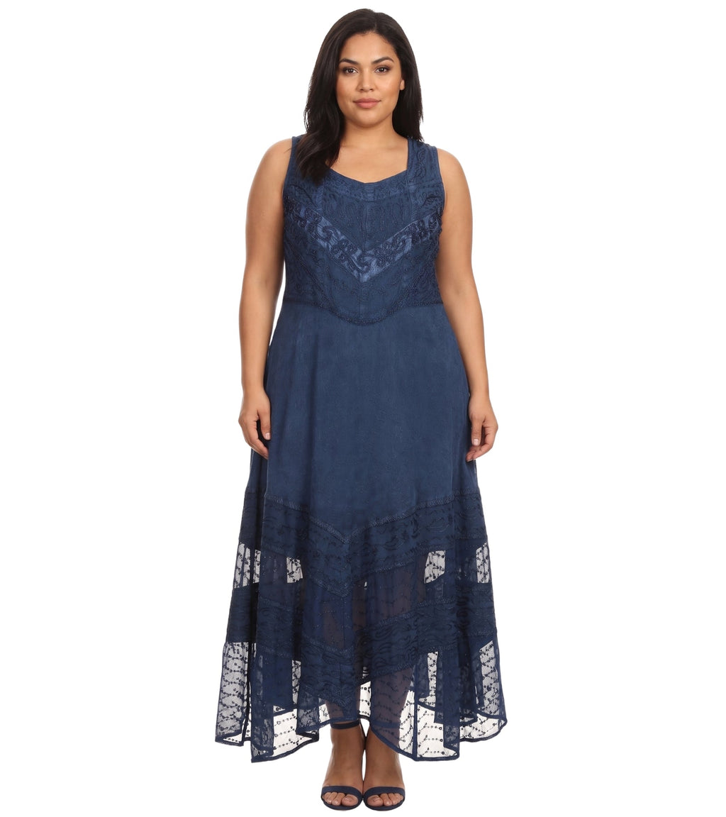 Sakkas Zendaya Stonewashed Rayon Embroidered Floral Vine Sleeveless V-neck Dress