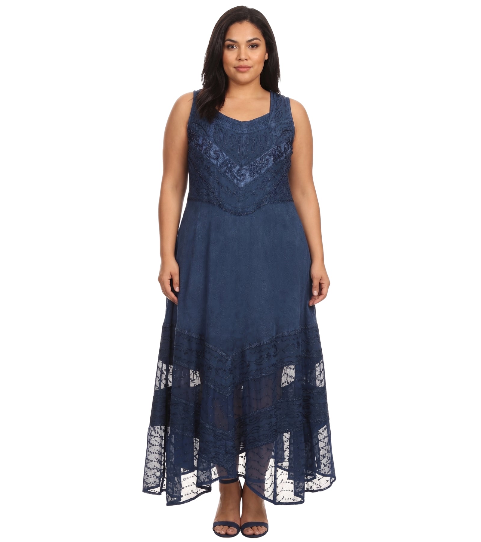 Sakkas Zendaya Stonewashed Rayon Embroidered Floral Vine Sleeveless V-neck Dress
