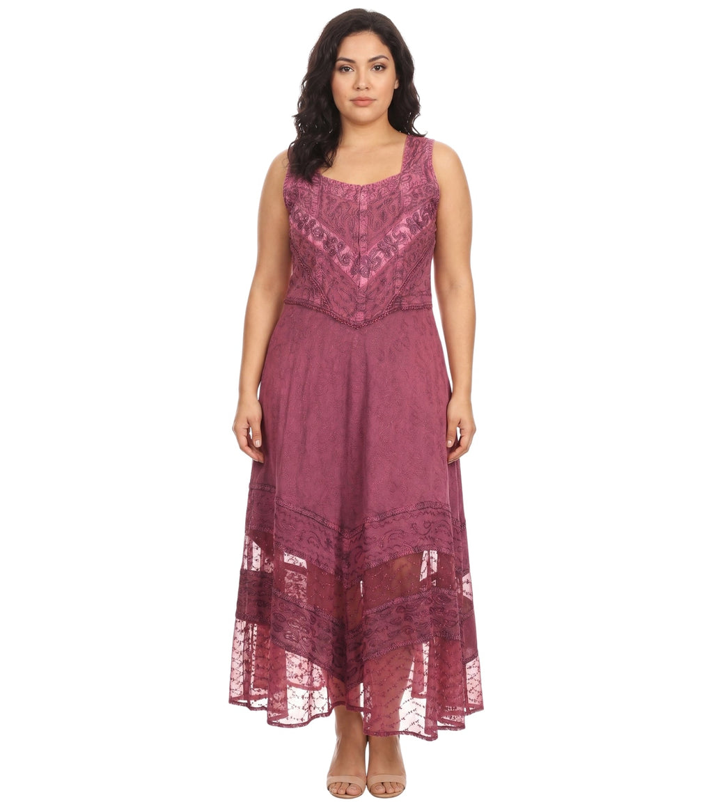 Sakkas Zendaya Stonewashed Rayon Embroidered Floral Vine Sleeveless V-neck Dress