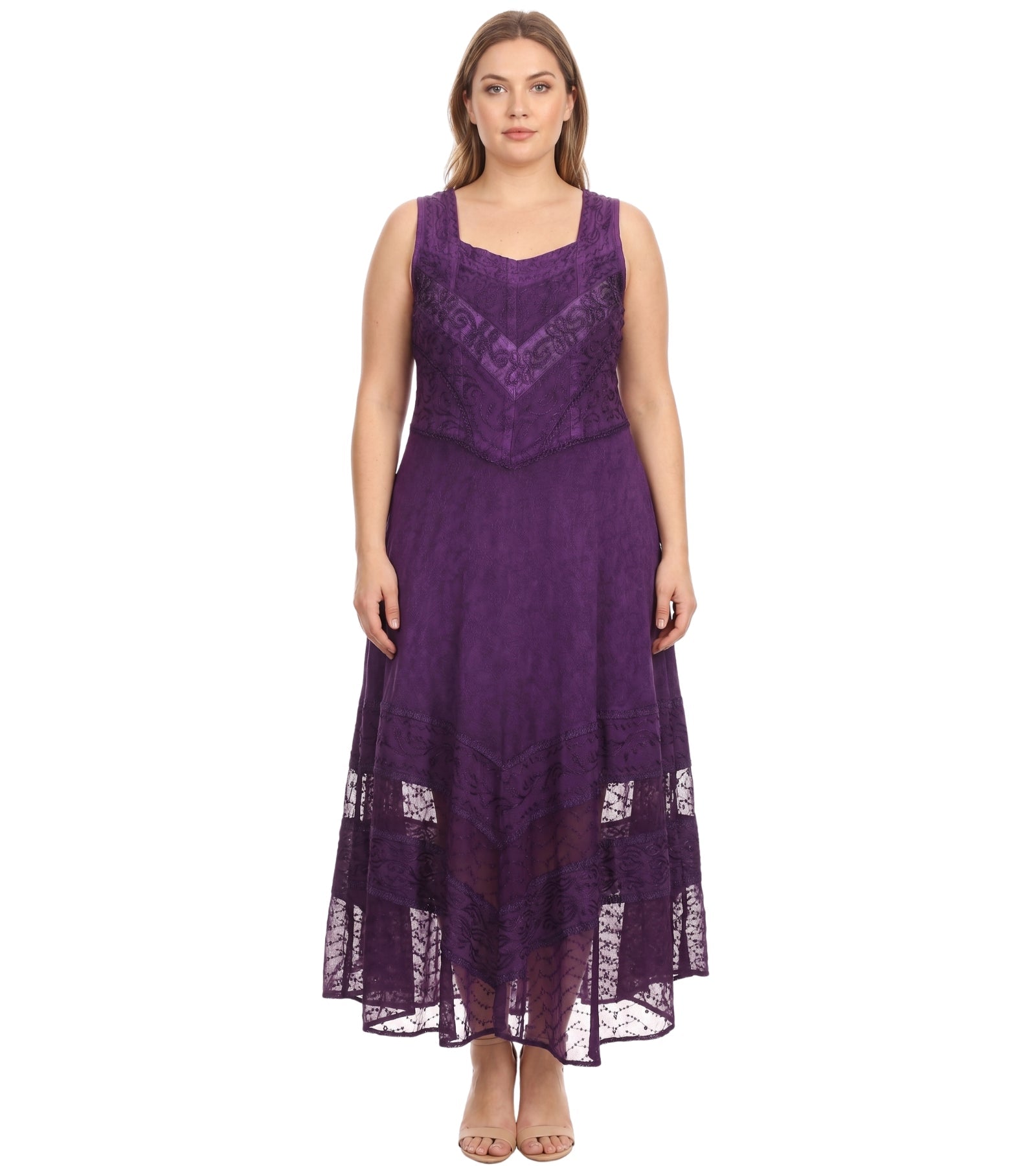 Sakkas Zendaya Stonewashed Rayon Embroidered Floral Vine Sleeveless V-neck Dress