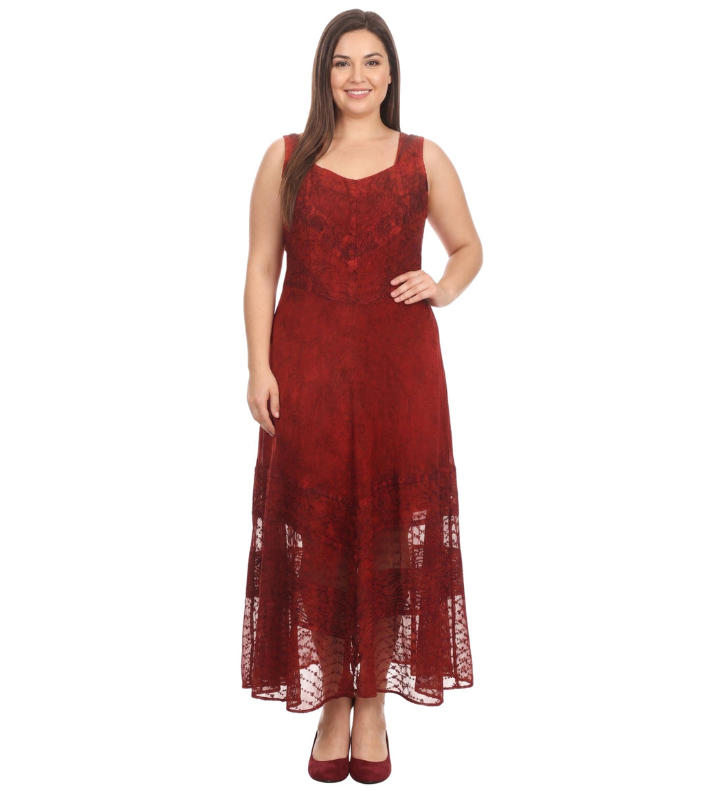 Sakkas Zendaya Stonewashed Rayon Embroidered Floral Vine Sleeveless V-neck Dress