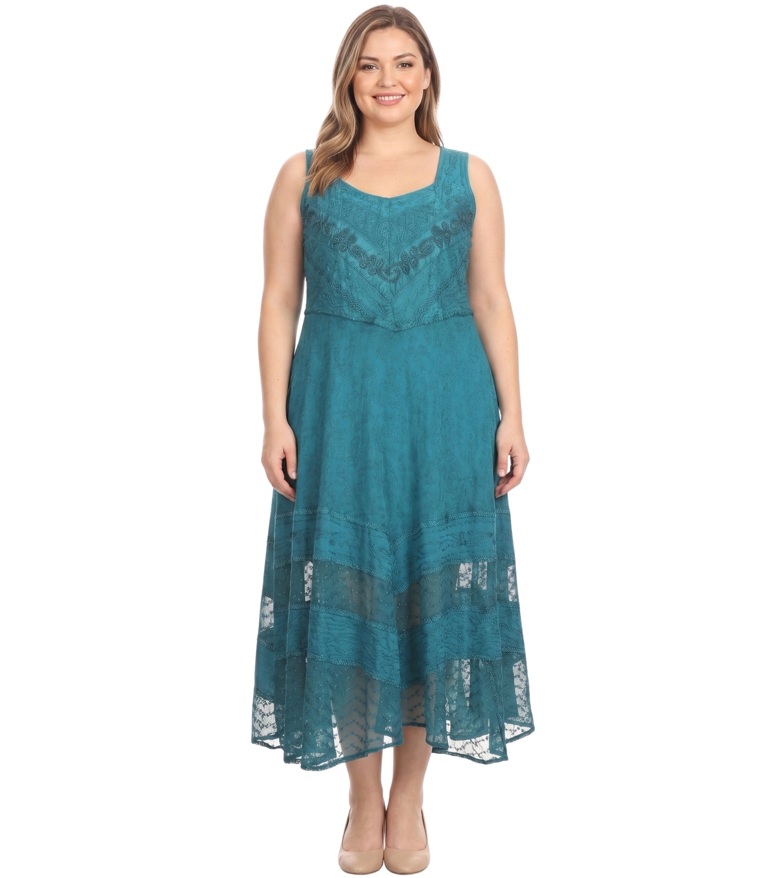 Sakkas Zendaya Stonewashed Rayon Embroidered Floral Vine Sleeveless V-neck Dress