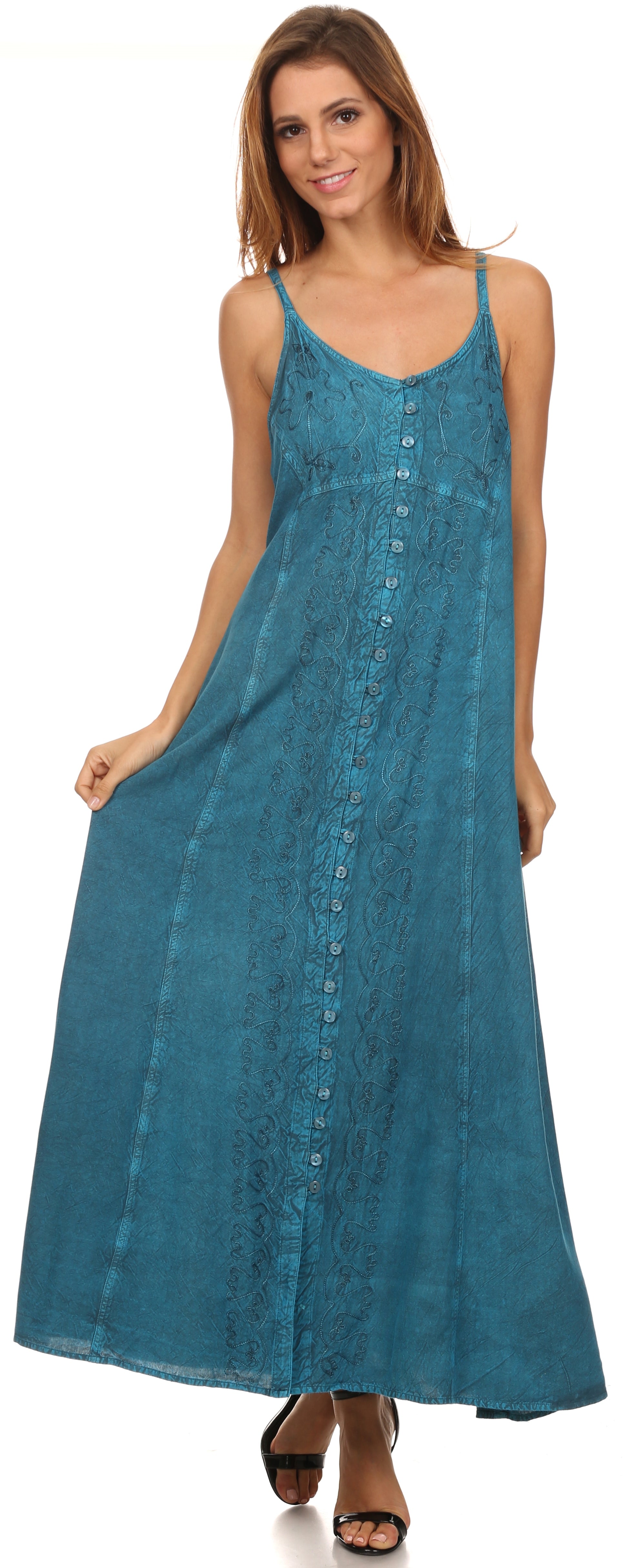 Sakkas Aisley Floral Embroidered Sleeveless Adjustable Strap Button Up Dress