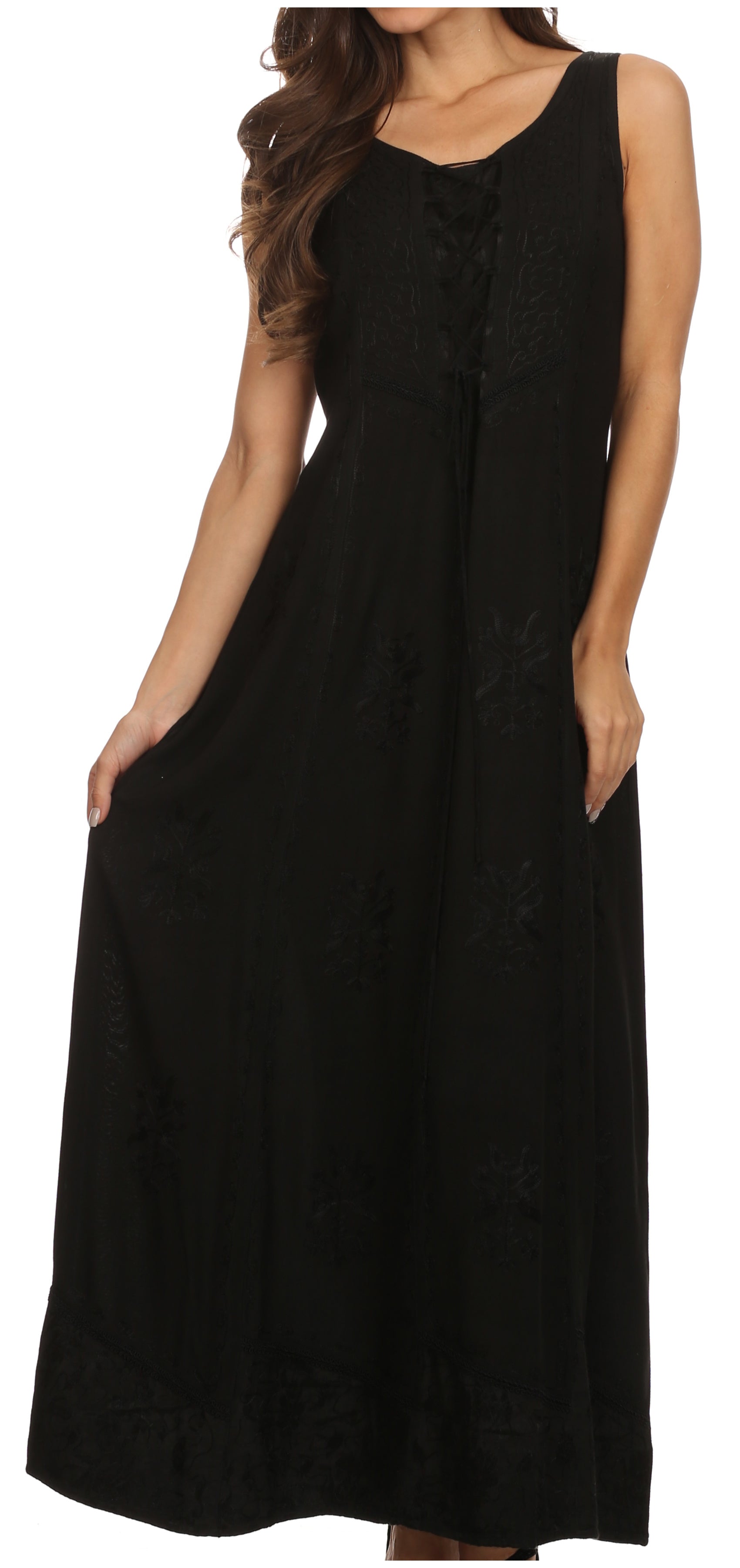 Sakkas Stella Long Tank Top Adjustable Caftan Corset Dress With Embroidery
