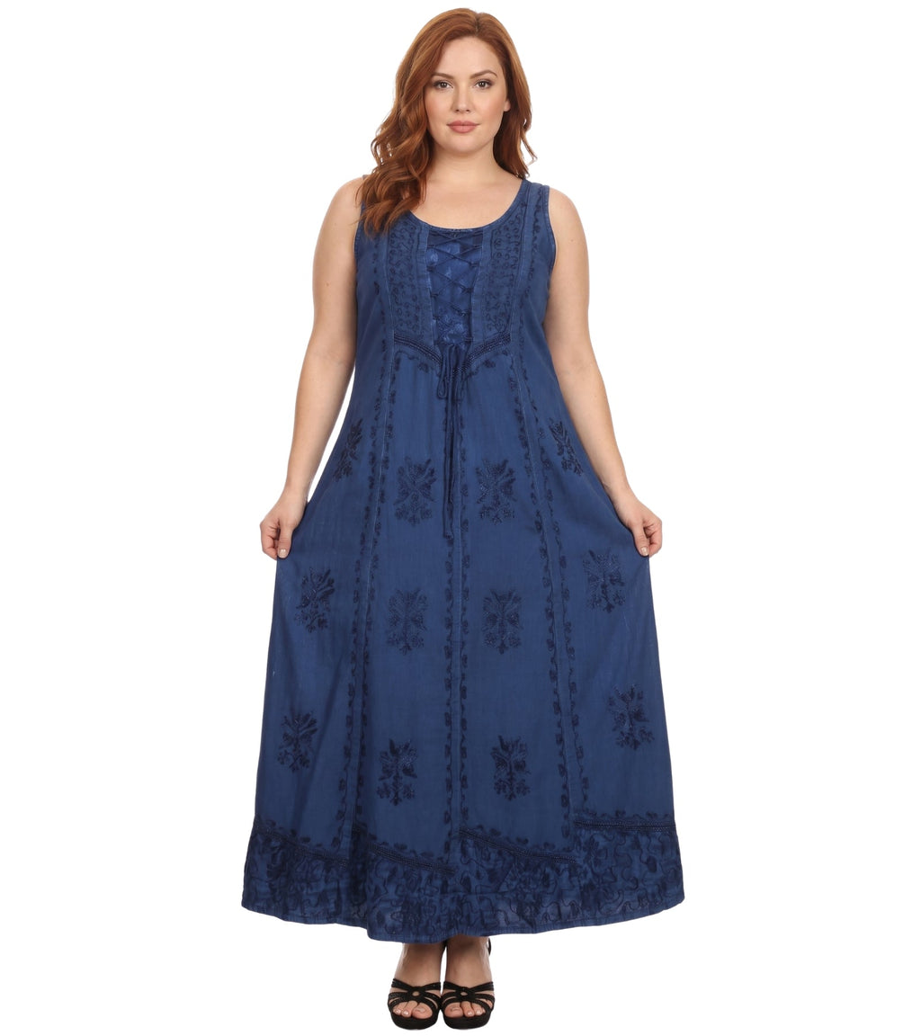 Sakkas Stella Long Tank Top Adjustable Caftan Corset Dress With Embroidery