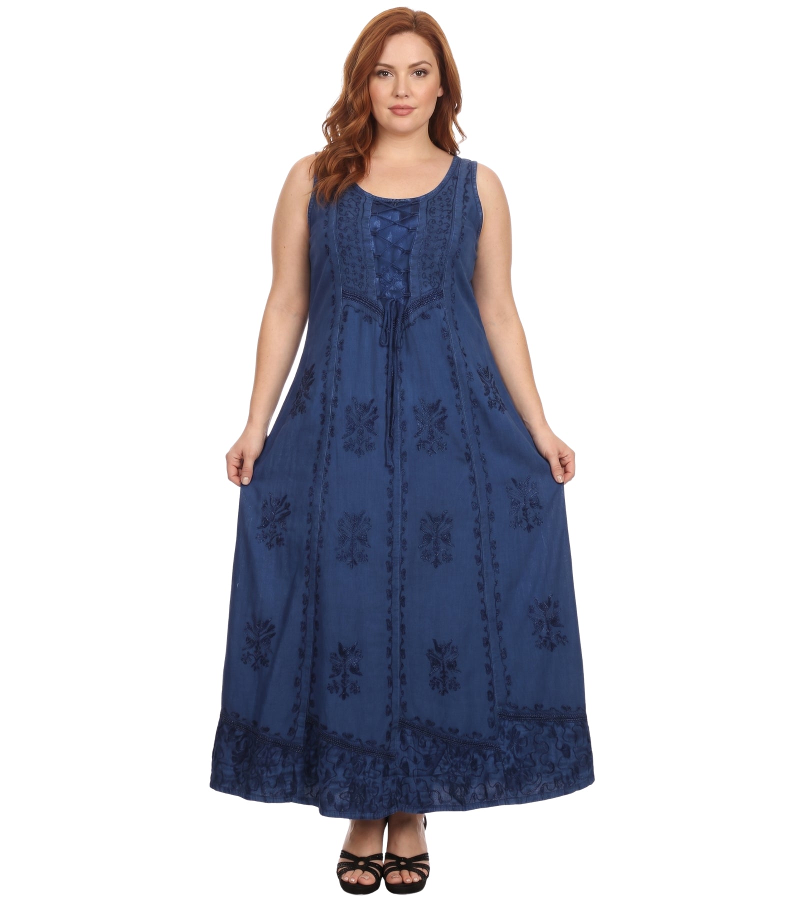 Sakkas Stella Long Tank Top Adjustable Caftan Corset Dress With Embroidery
